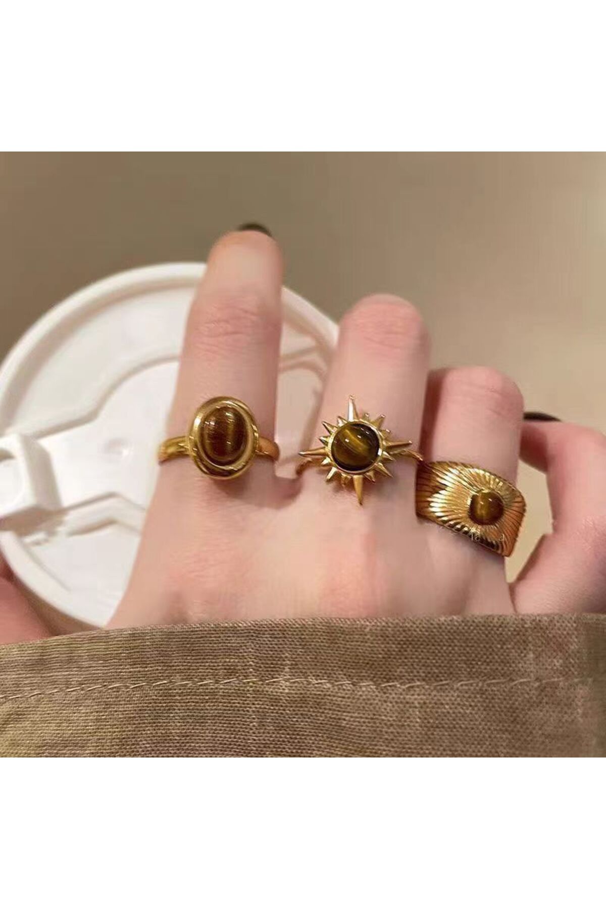 MURASSA BUTİK Kahverengi Vintage Güneş Desen Yüzük