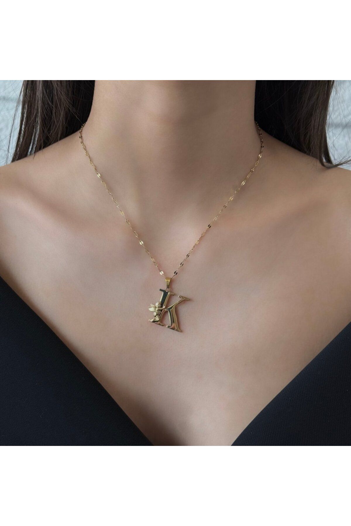 h&b design jewel Çelik Melek Detaylı K Harfli Kolye