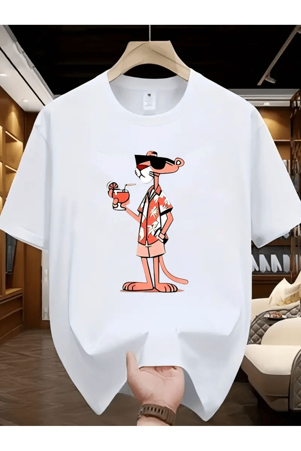 İnazuma Outdoors Unisex Oversize Baskılı Pamuklu Bisiklet Yaka Kısa Kollu BEYAZ T-shirt Pembe Panter