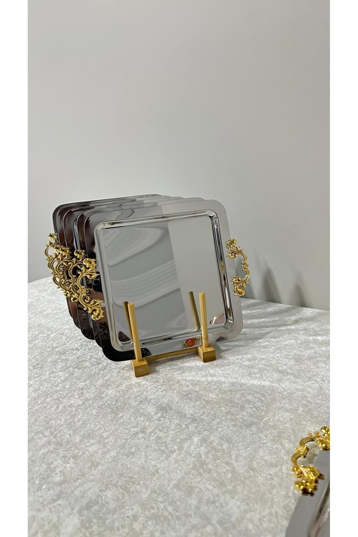 USD HOME 6lı gümüş geçmeli kulplu çelik kahve sunum servis tepsisi kulpları çıkarılıp sade olarak kullanılır