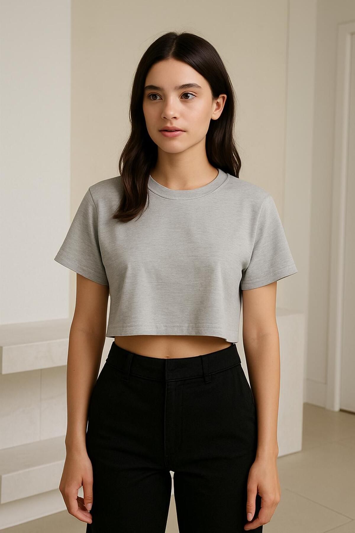 VENTİUP Soft Grey Basic Crop Tişört