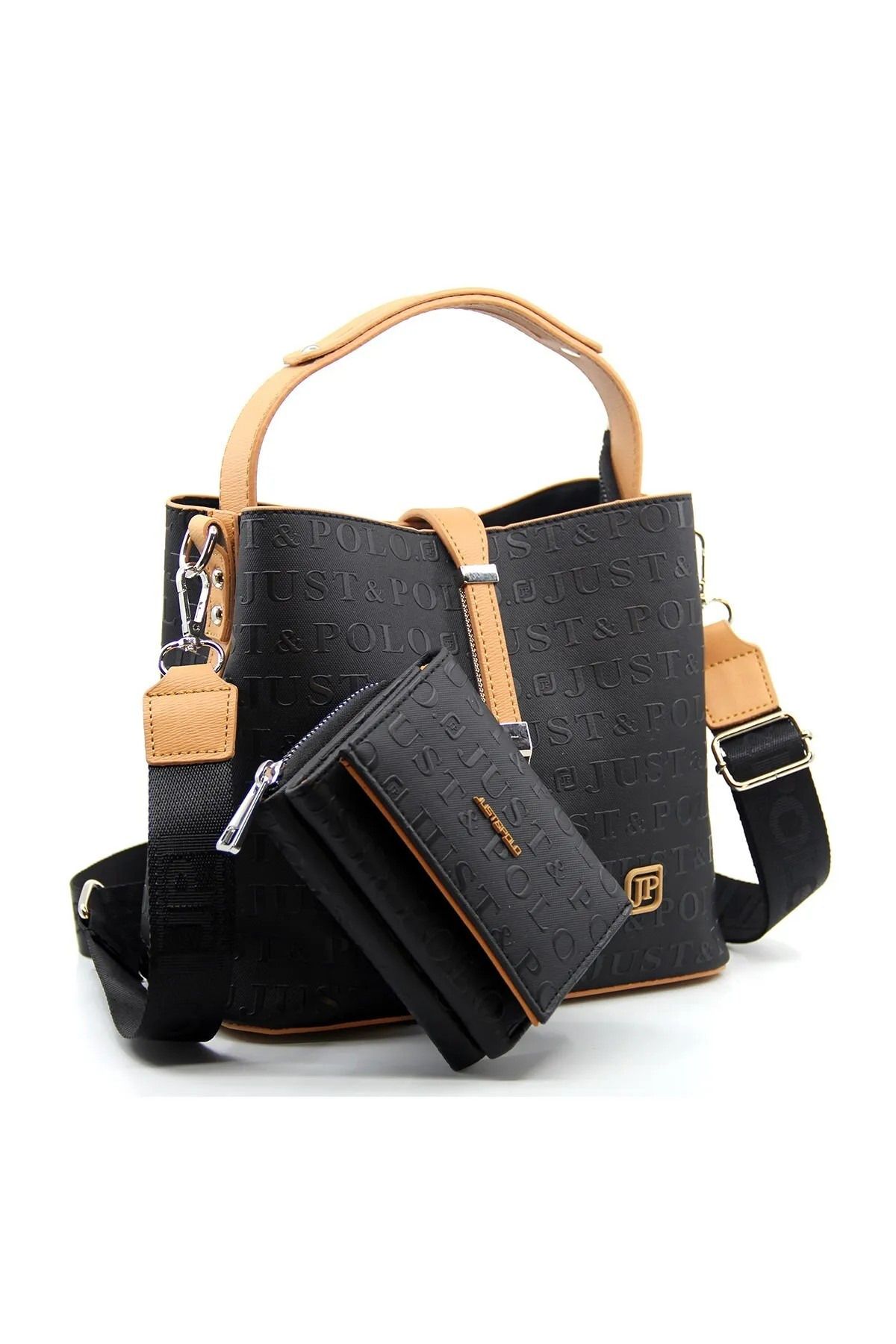 Just Polo Kadın Siyah Camel Orta Boy 3 Bölmeli Omuz Çantası Ve Cüzdanı Kombin MH4002MH