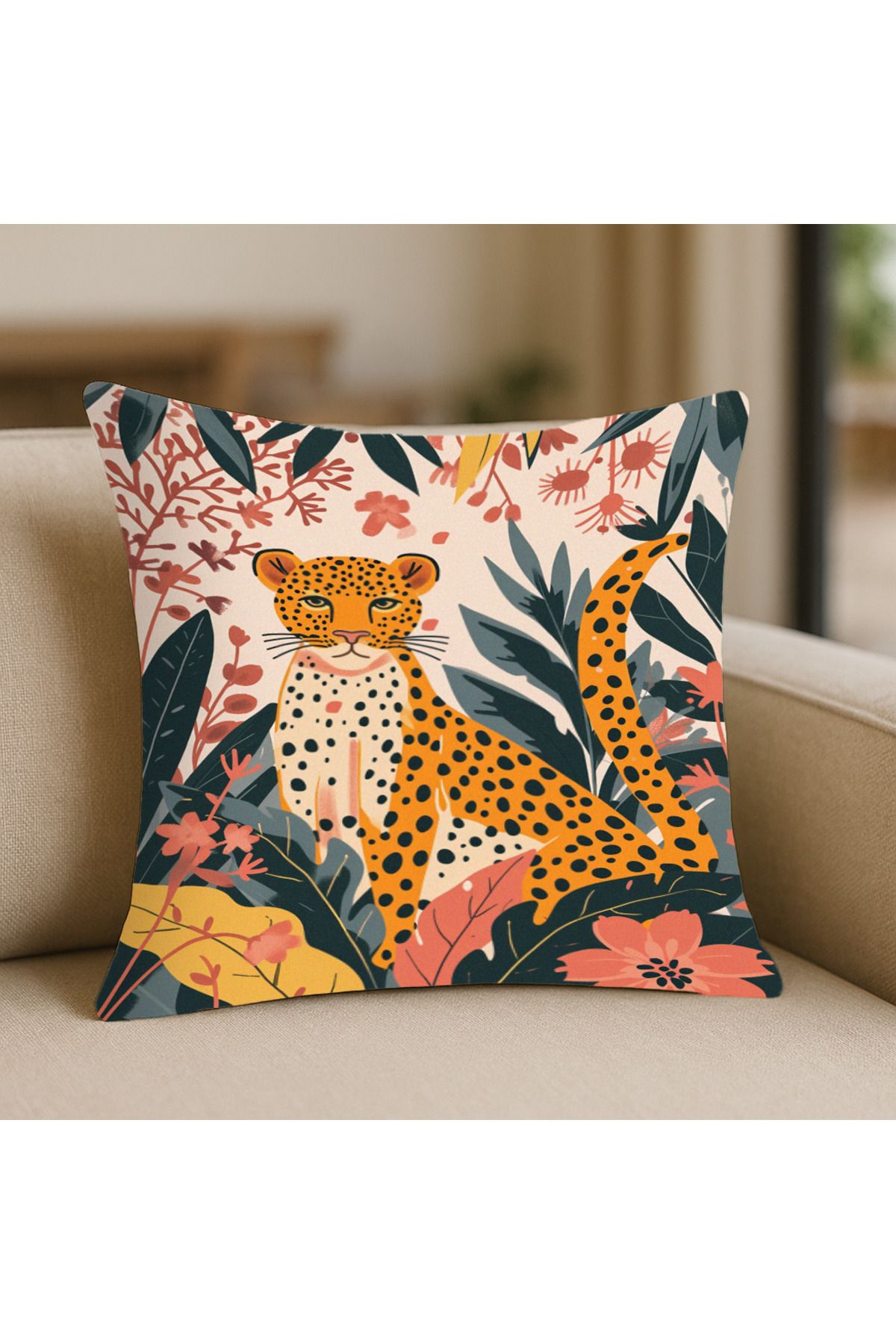 TURKISHRUG KINGDOM Leopar Desenli Kırlent Kılıfı – 43x43 cm, Çift Taraflı, Fermuarlı, Yıkanabilir