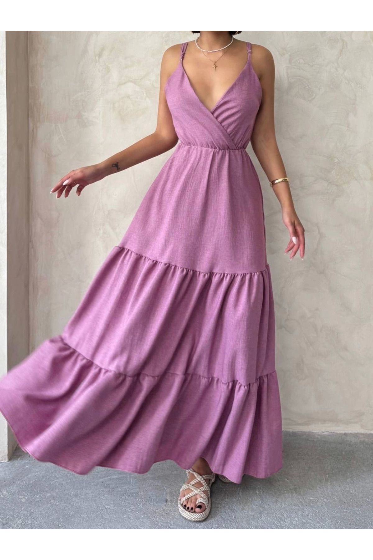 İntive Lingerie Gül Kurusu Fırfırlı V Yaka Mor Katlı İnce Askılı Uzun Yazlık Efil Elbise