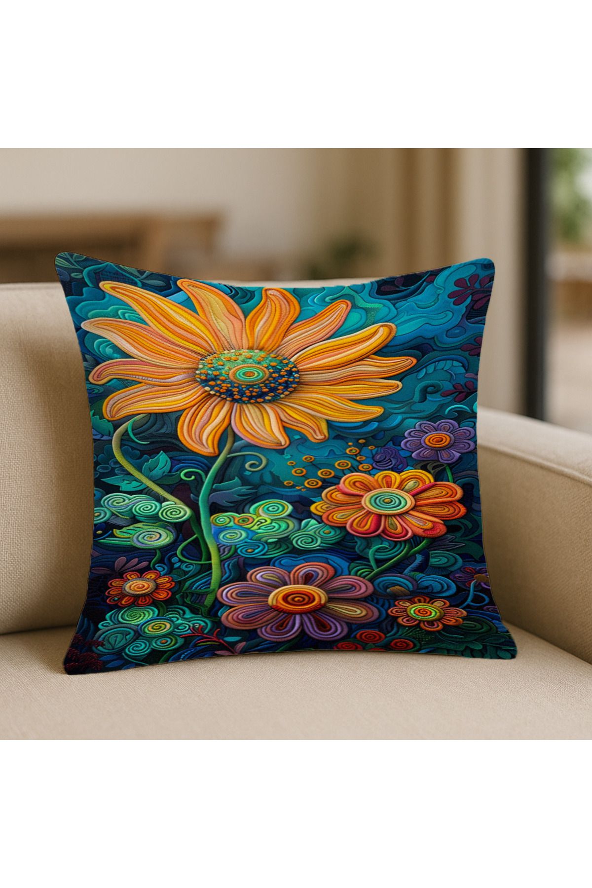 TURKISHRUG KINGDOM Renkli Tarz Mor Desenli Kırlent Kılıfı – 43x43 cm, Çift Taraflı, Fermuarlı, Yıkanabilir