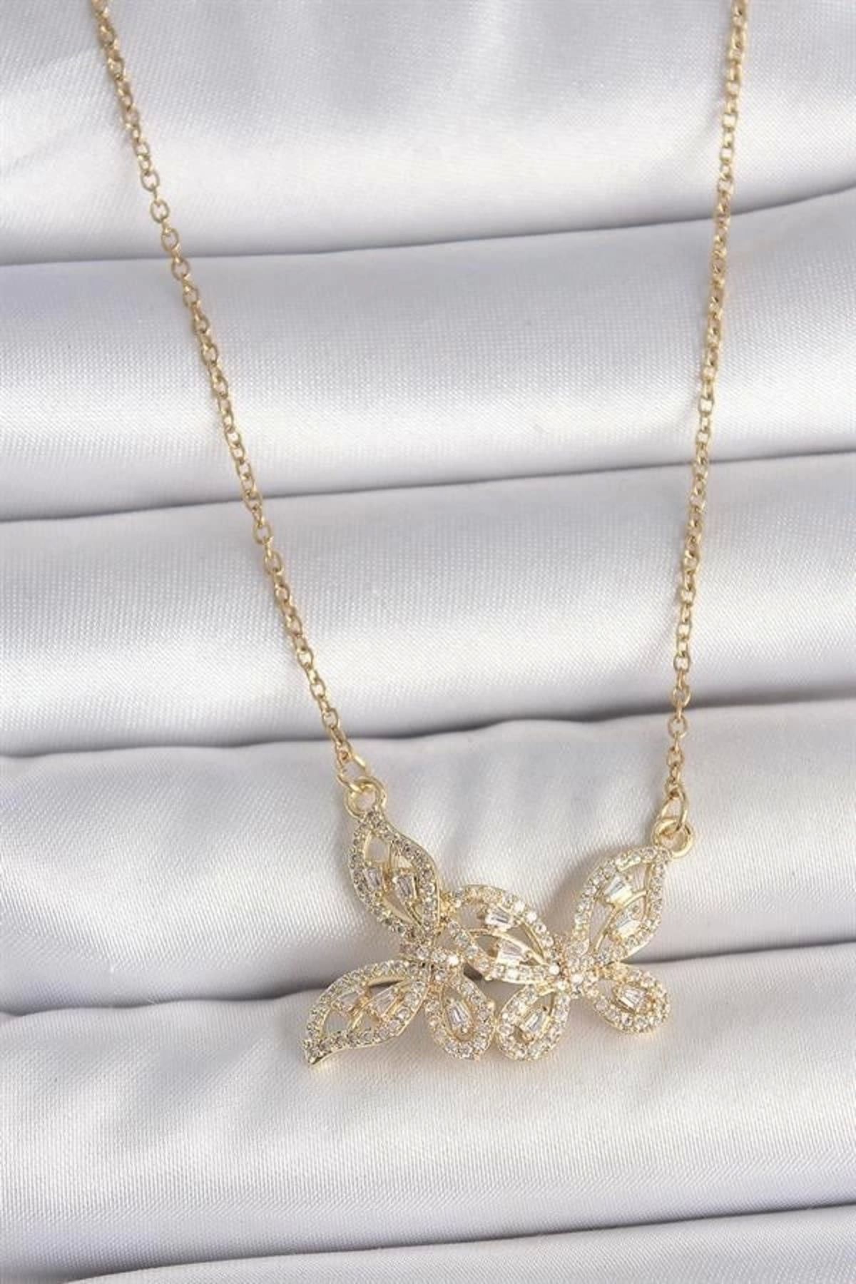 Lale Moda 316L Çelik Gold Renk Zincir Zirkon Taşlı Kelebek Model Kadın Kolye