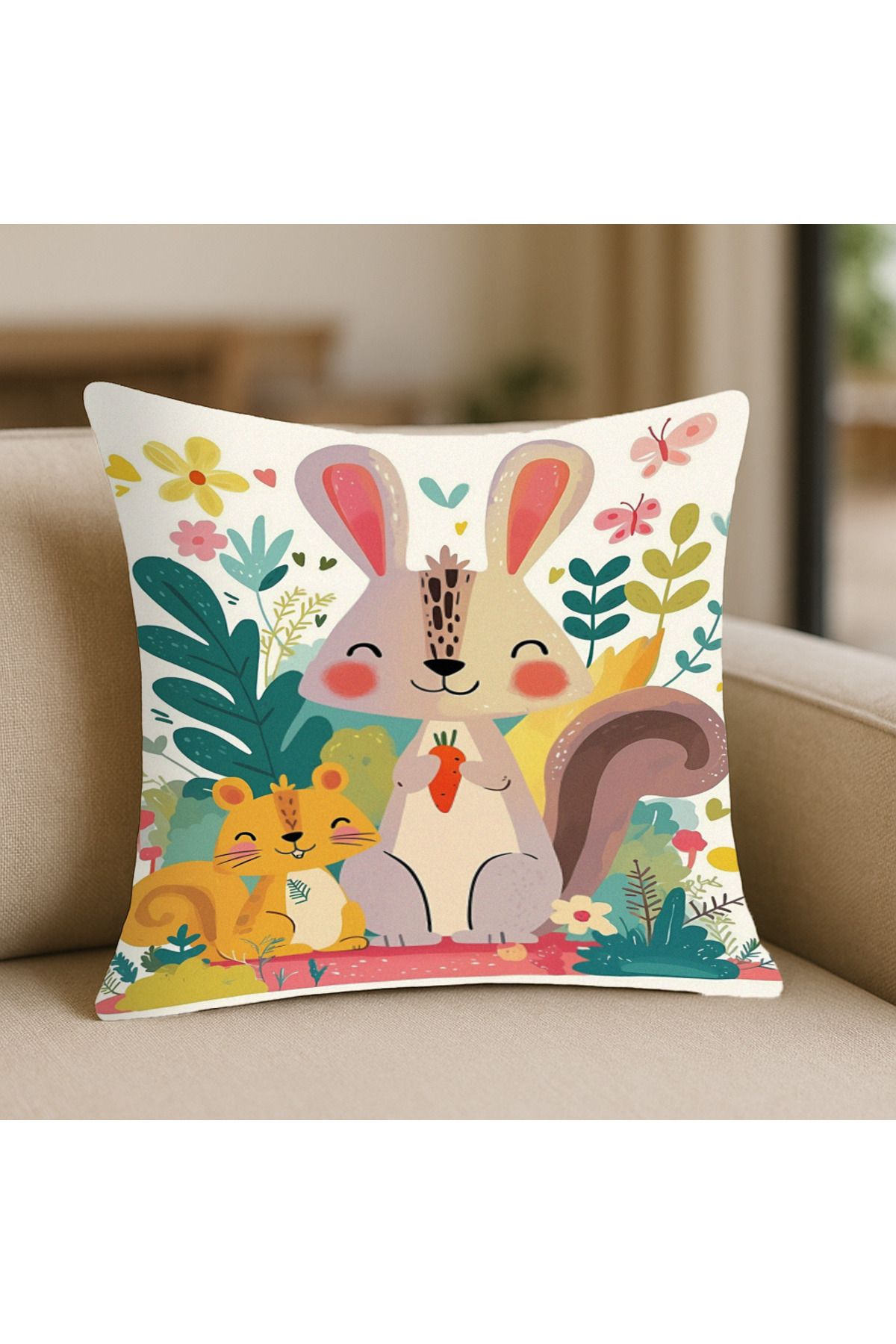 TURKISHRUG KINGDOM Tavşan Desenli Kırlent Kılıfı – 43x43 cm, Çift Taraflı, Fermuarlı, Yıkanabilir
