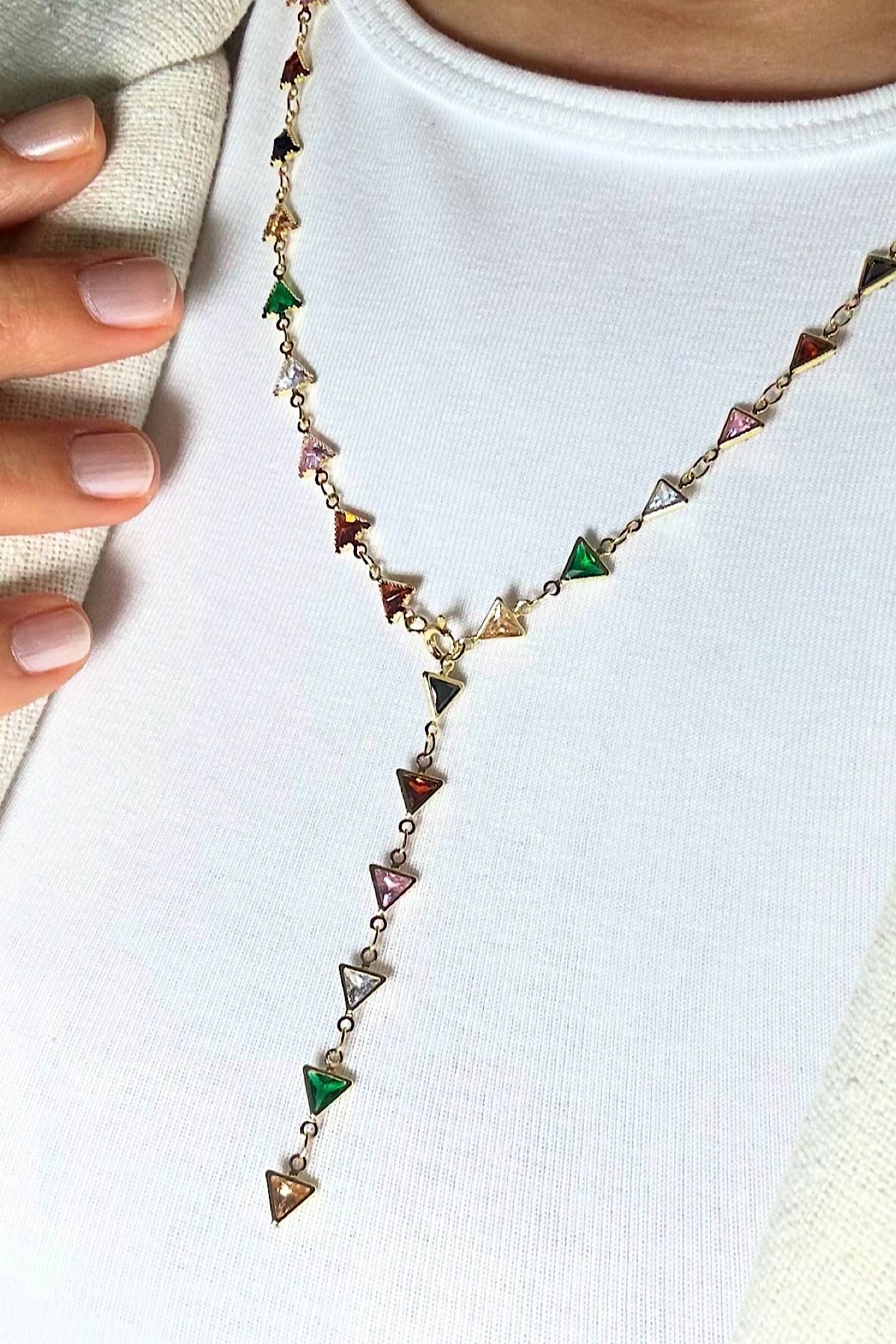 DELEIZA ACCESSORY Çelik Gold Y Kolye Üçgen Renkli Taş Detaylı