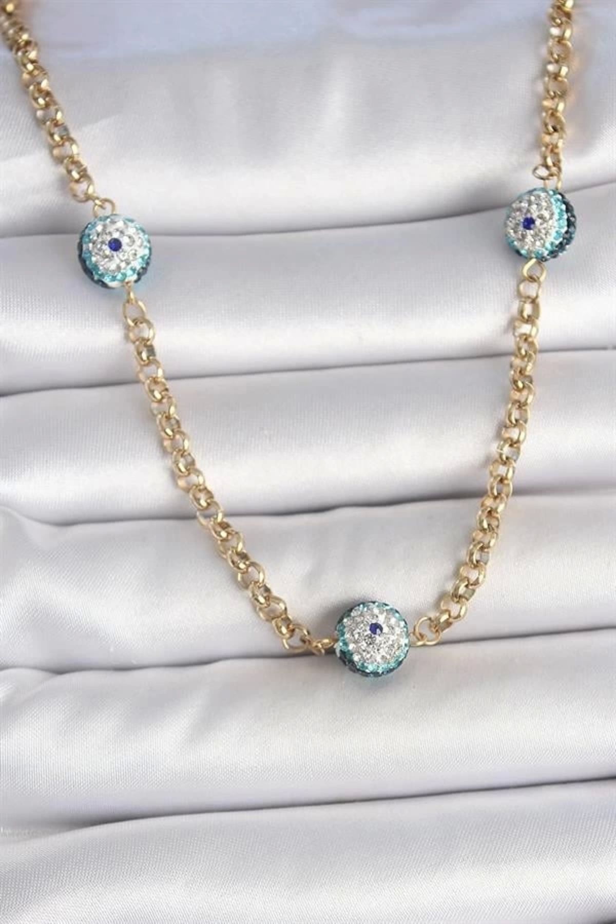 Lale Moda 316L Çelik Gold Renk Zirkon Taşlı Nazar Boncuk Model Kadın Kolye