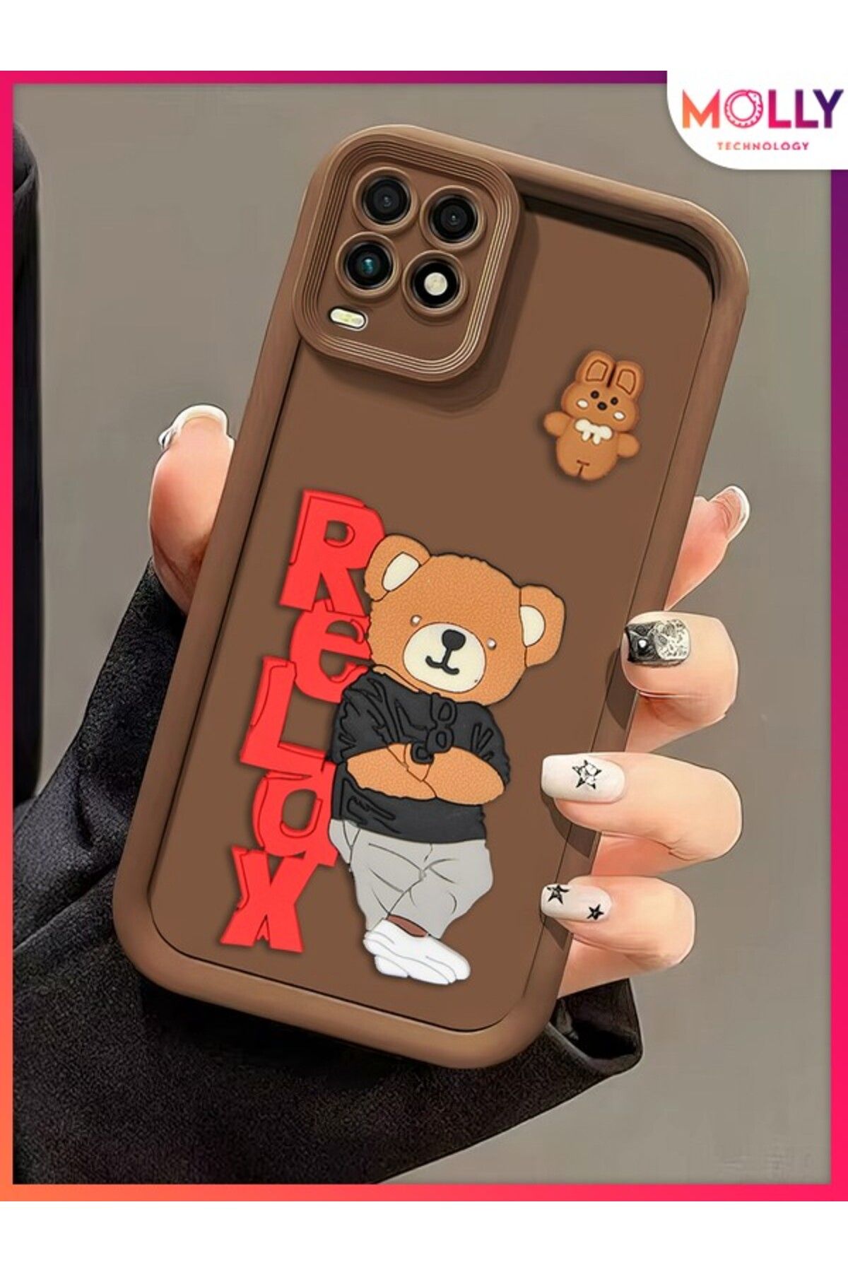 Molly Oppo A54 İçin Fallow Brown Kenarları Kalın 3d Kabartmalı Teddy Bear Silikon Kılıf