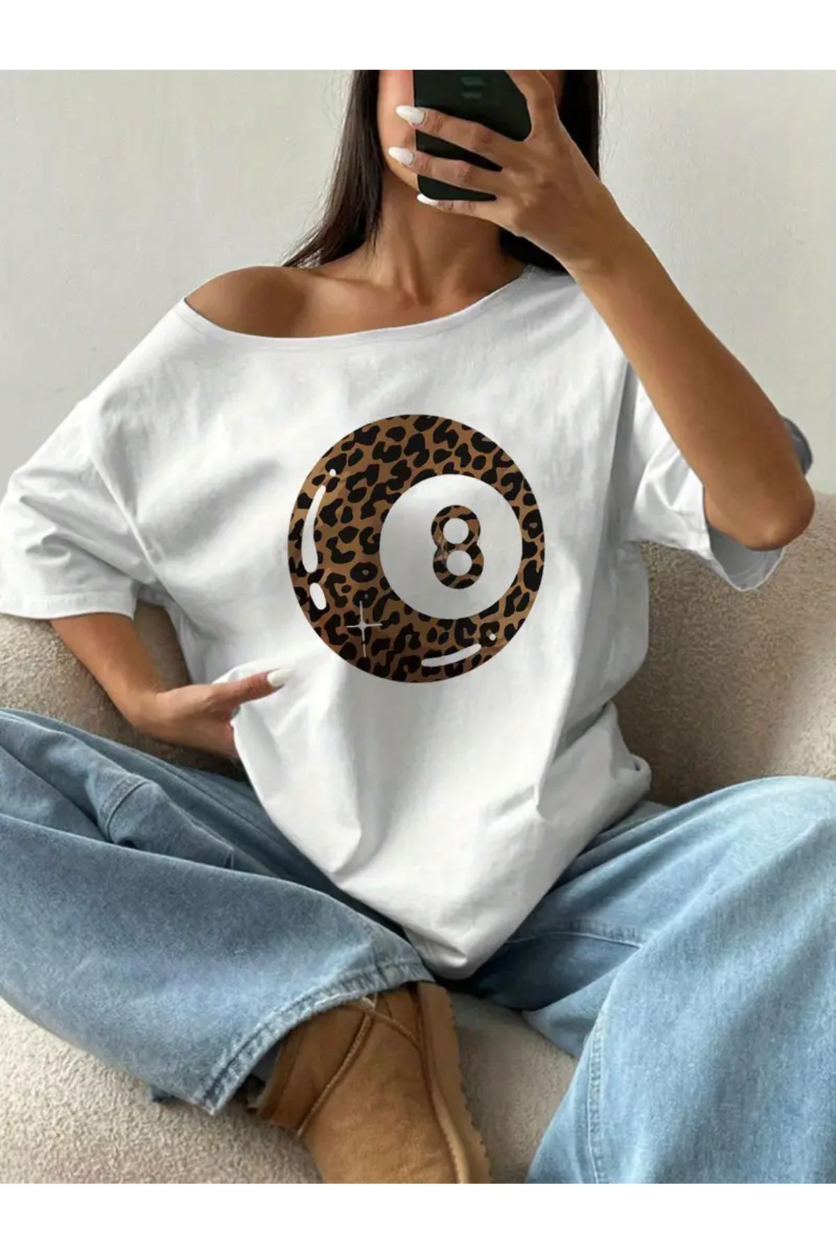 Koklonmoda Büyük Beden Kadın Düşük Omuz Kayık Yaka Baskılı T-Shirt
