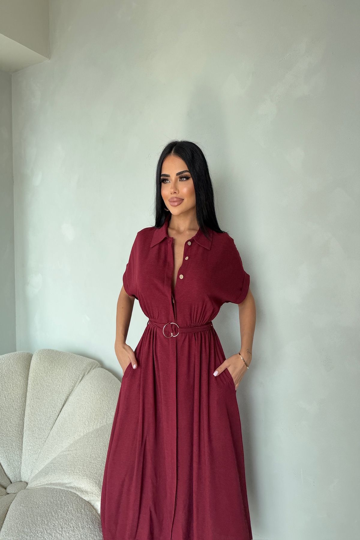 kamacibutik Gömlek Yaka Kemerli Keten Elbise