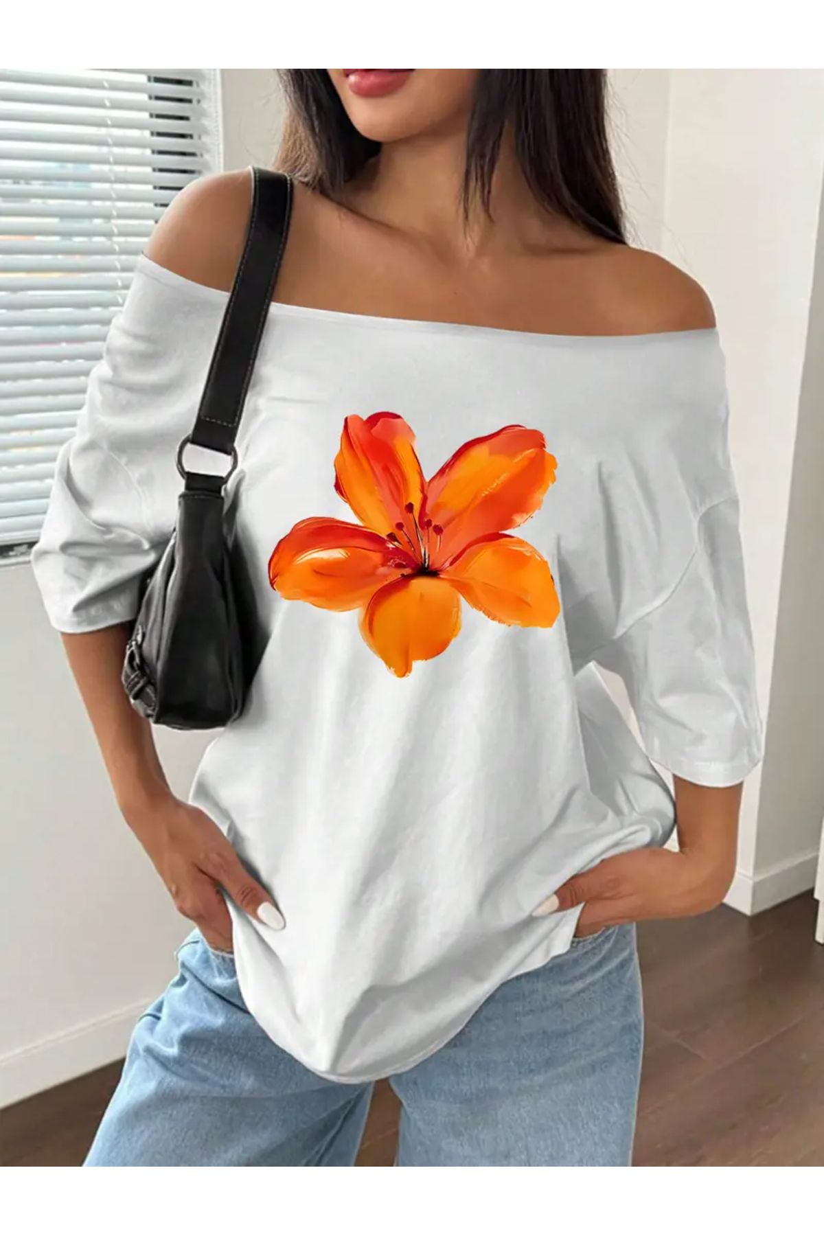 Koklonmoda Büyük Beden Kadın Düşük Omuz Kayık Yaka Baskılı T-Shirt