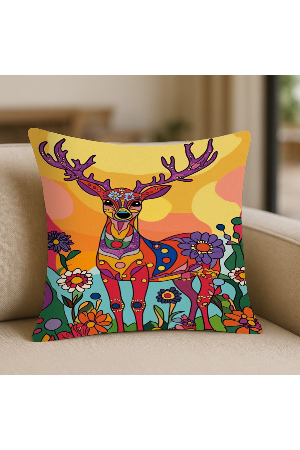 TURKISHRUG KINGDOM Geyik Desenli Kırlent Kılıfı – 43x43 cm, Çift Taraflı, Fermuarlı, Yıkanabilir