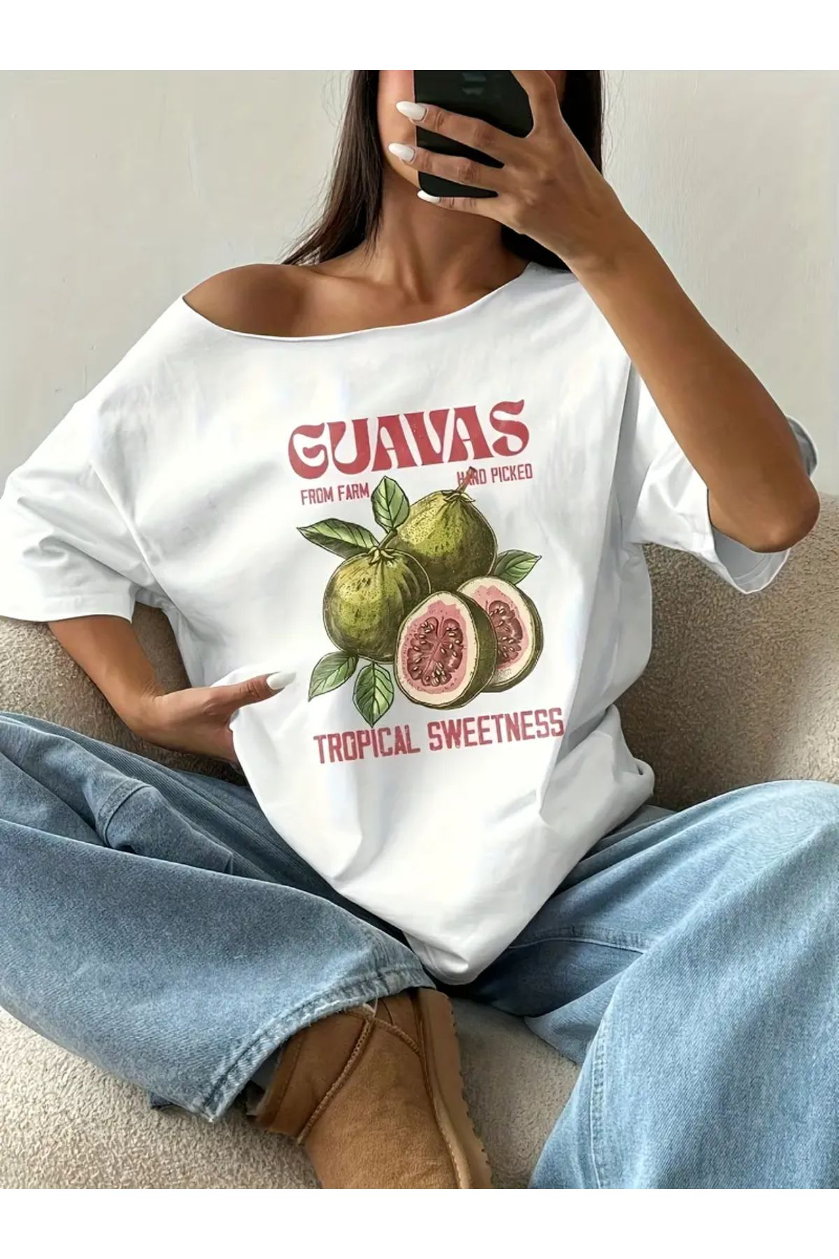 Koklonmoda Büyük Beden Kadın Düşük Omuz Kayık Yaka Baskılı T-Shirt