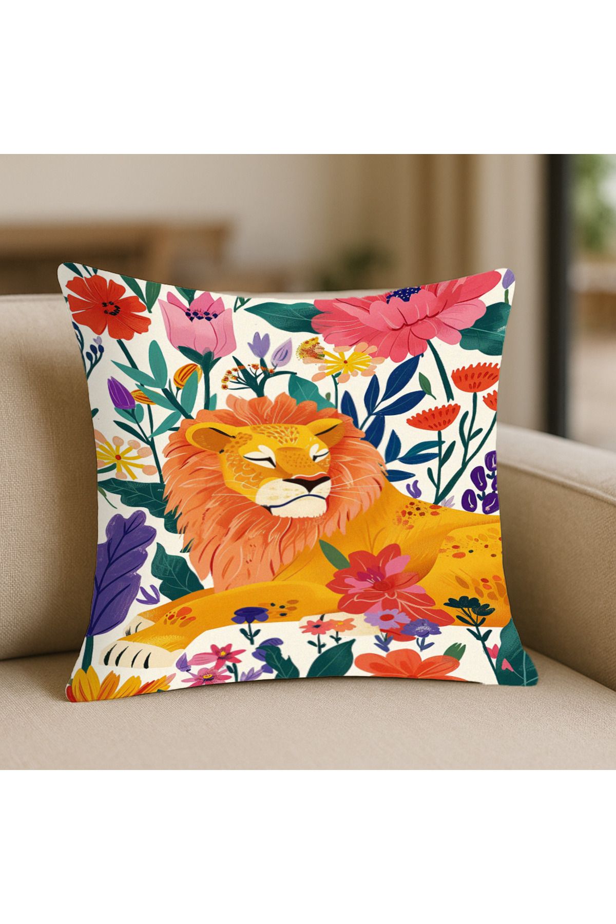 TURKISHRUG KINGDOM Kral Aslan Desenli Kırlent Kılıfı – 43x43 cm, Çift Taraflı, Fermuarlı, Yıkanabilir