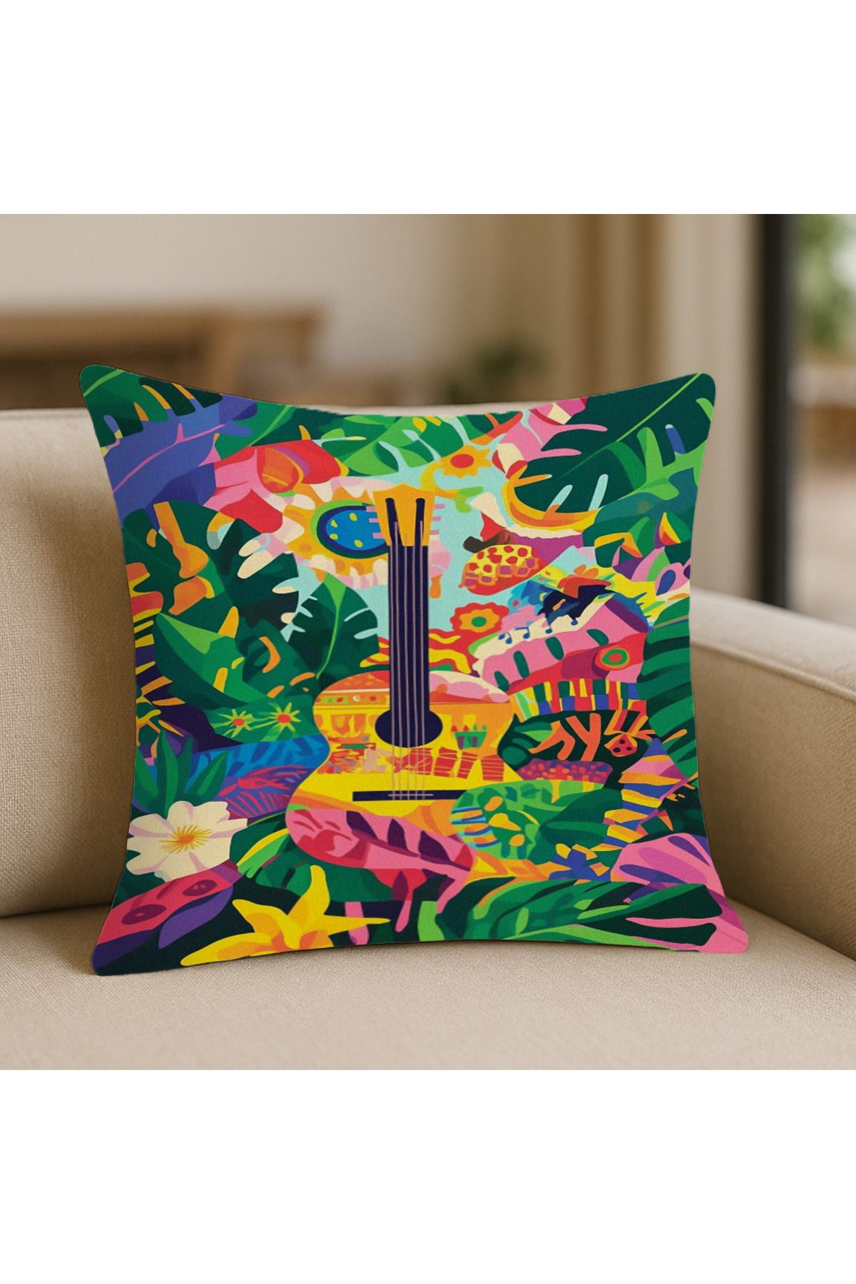 TURKISHRUG KINGDOM Gitar ve Çiçek Desenli Kırlent Kılıfı – 43x43 cm, Çift Taraflı, Fermuarlı, Yıkanabilir