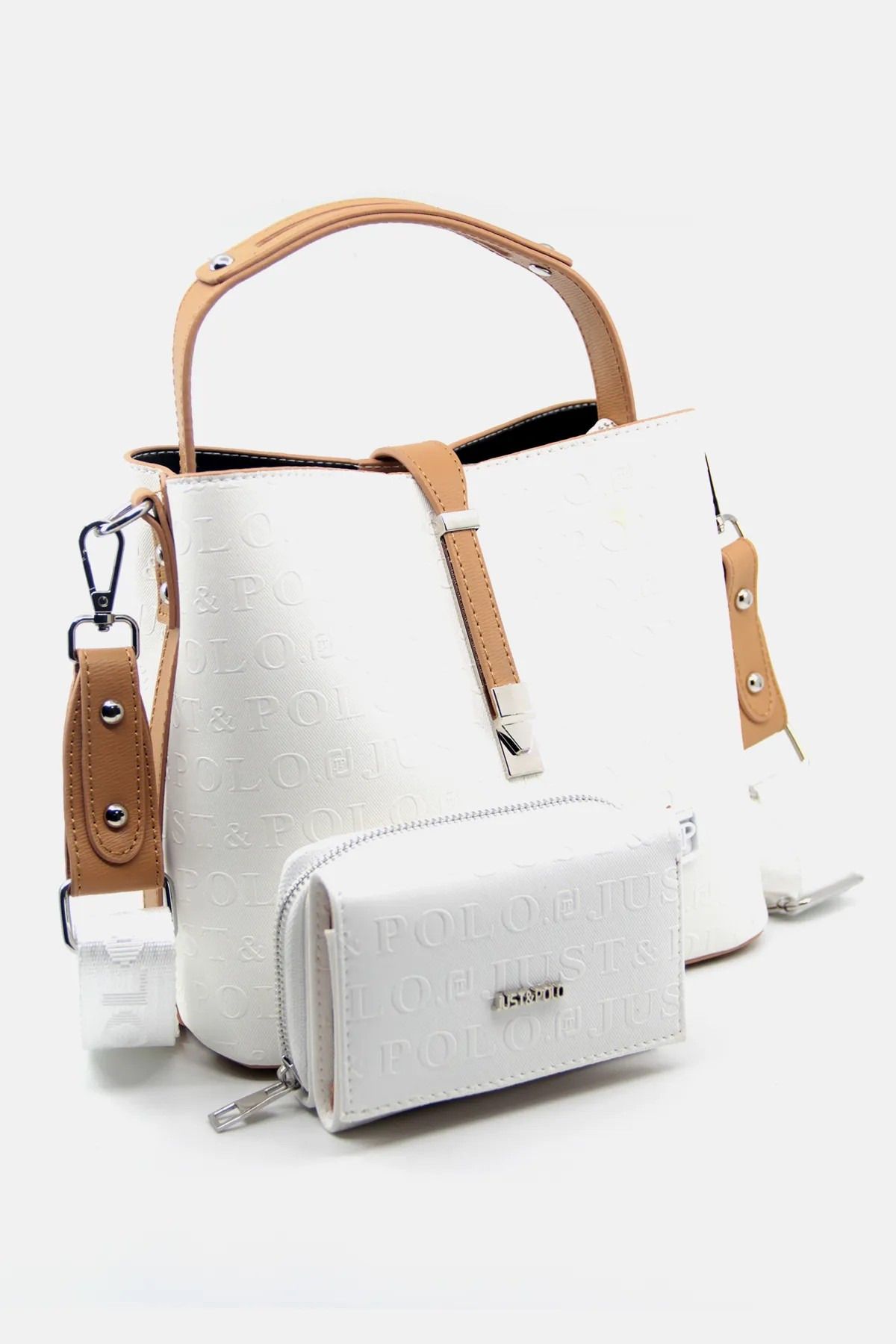 Just Polo Kadın Beyaz Camel Orta Boy 3 Bölmeli Omuz Çantası Ve Cüzdanı Kombin MH4002MH