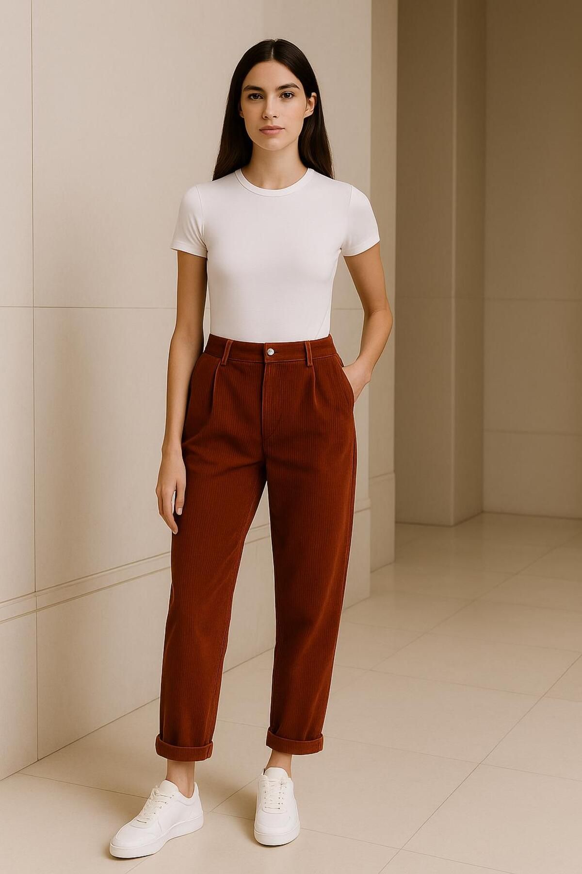 VENTİUP Rust Cord Fitilli Yüksek Bel Pantolon