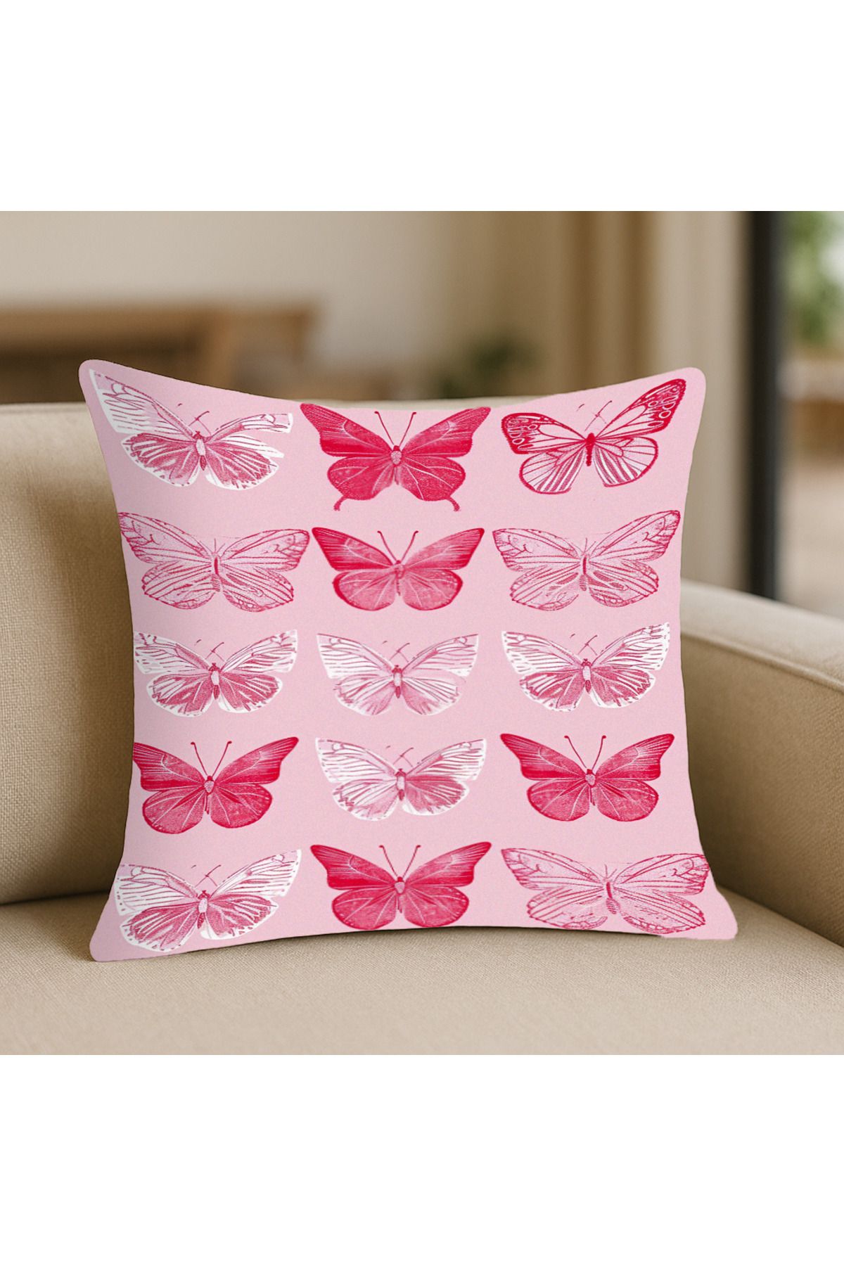 TURKISHRUG KINGDOM Kelebek Desenli Pembe Kırlent Kılıfı – 43x43 cm, Çift Taraflı, Fermuarlı, Yıkanabilir