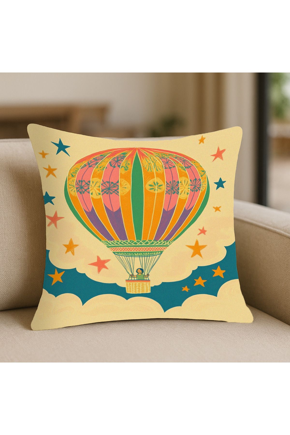 TURKISHRUG KINGDOM Sıcak Hava Balonu Desenli Yumuşak Kırlent Kılıfı – 43x43 cm, Çift Taraflı, Fermuarlı, Yıkanabilir