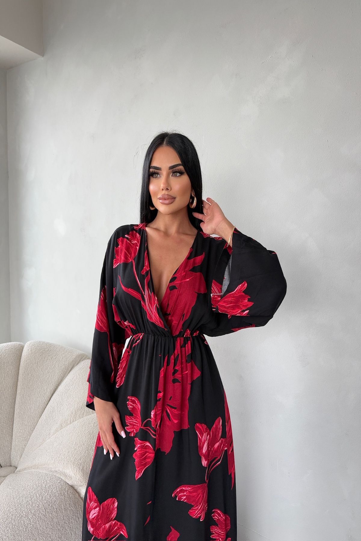 kamacibutik Kruvaze Yaka Çiçek Desenli Viskon Kumaş Elbise