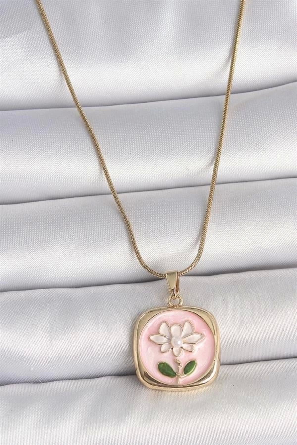 Lale Moda 316L Çelik Gold Renk Zincir Pembe Papatya İşlemeli İnci Detay Kadın Kolye