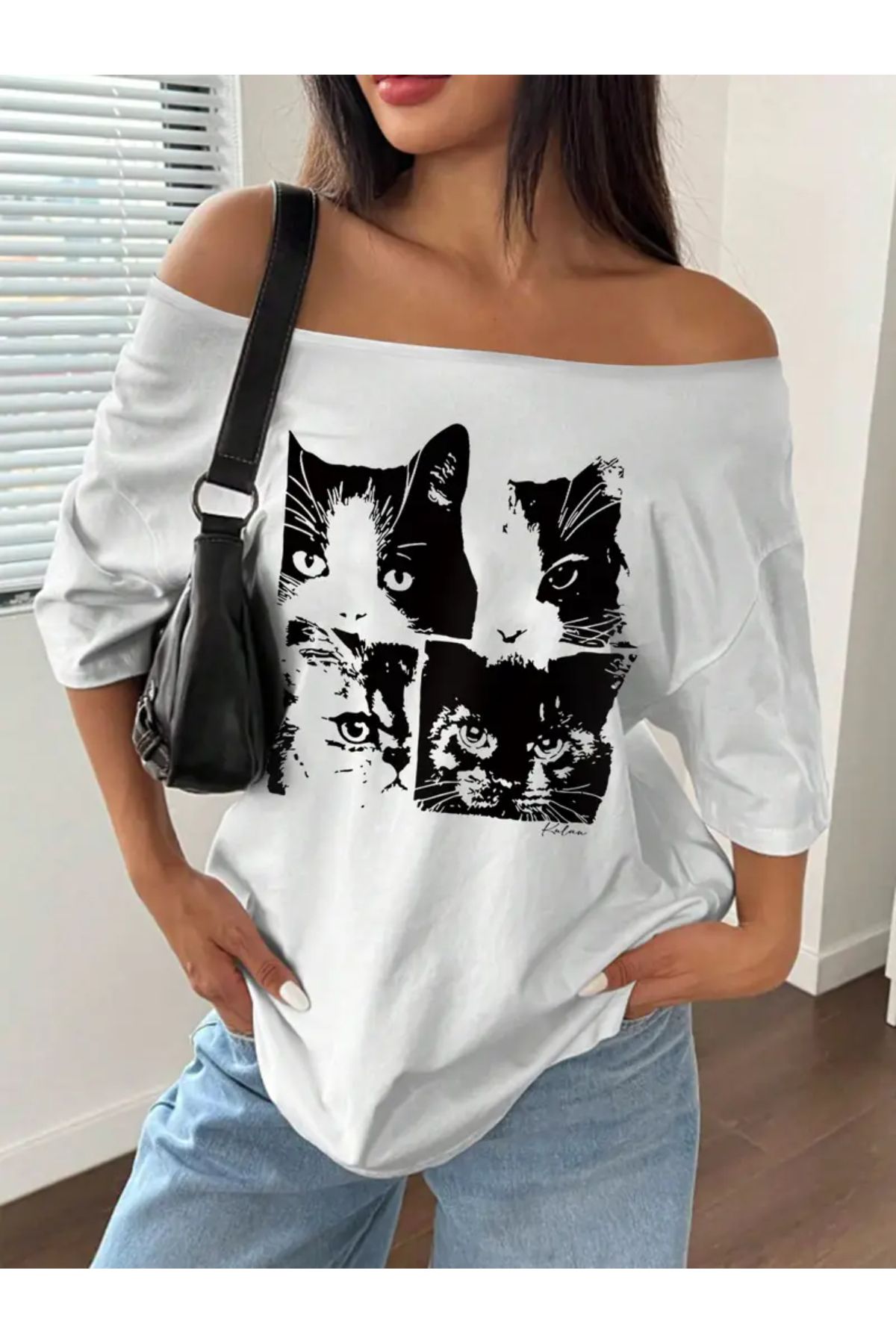 Koklonmoda Kadın Düşük Omuz Kayık Yaka Baskılı T-Shirt