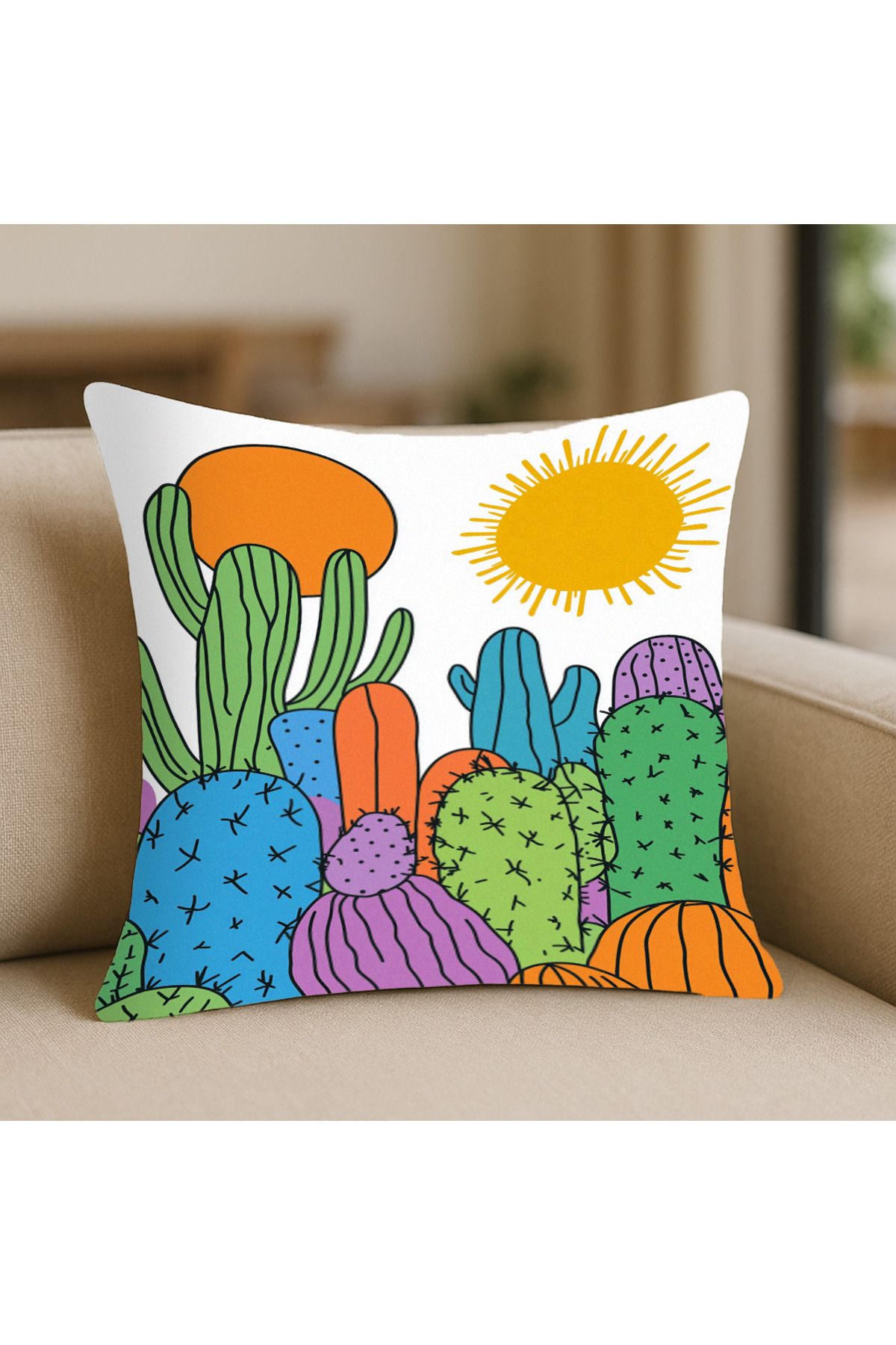 TURKISHRUG KINGDOM Rengarenk Kaktüs Desenli Kırlent Kılıfı – 43x43 cm, Çift Taraflı, Fermuarlı, Yıkanabilir