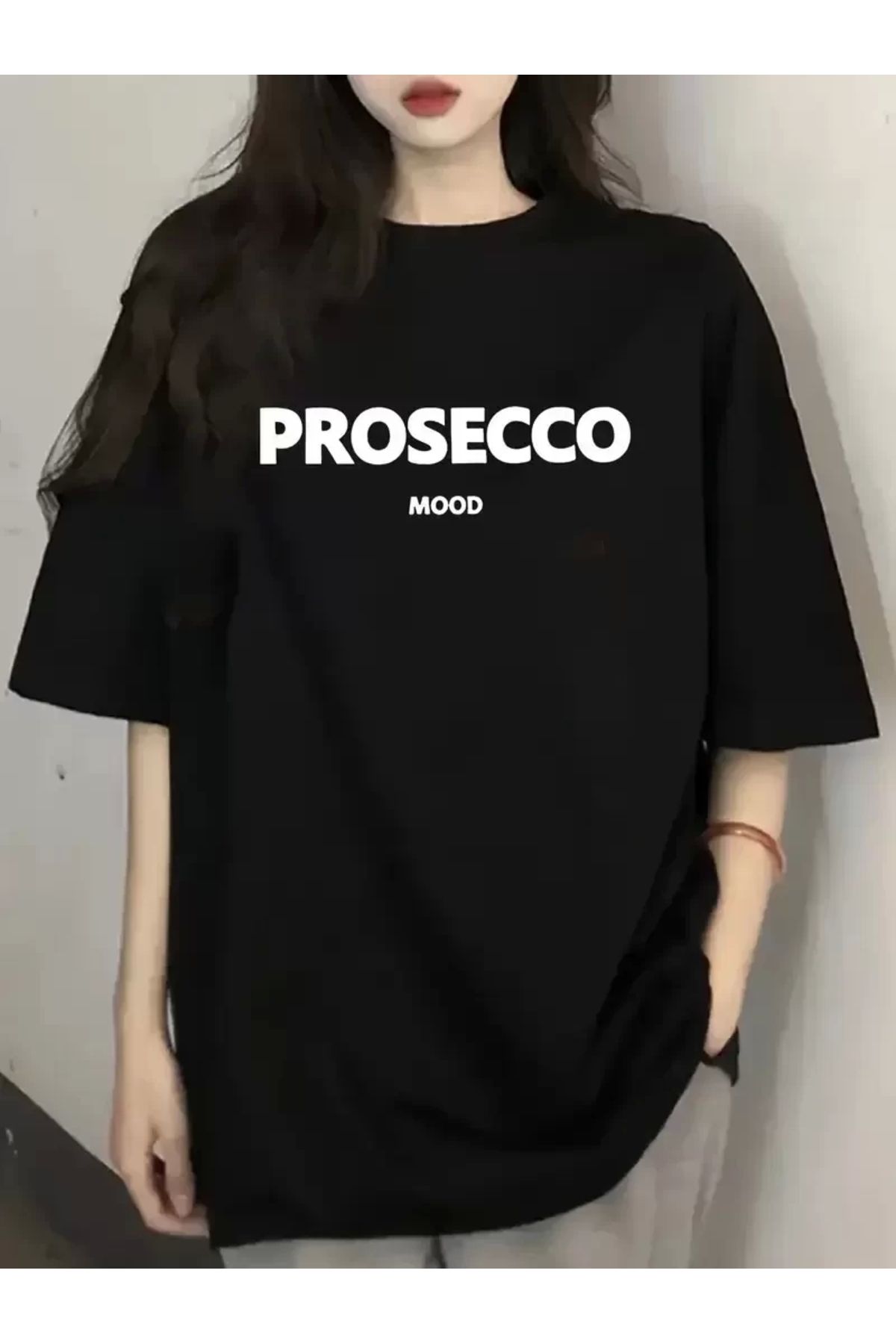 AE Stil 20/1 Penye Compack Baskılı Oversize Kısa Kol Bisiklet Yaka T-shirt - Siyah