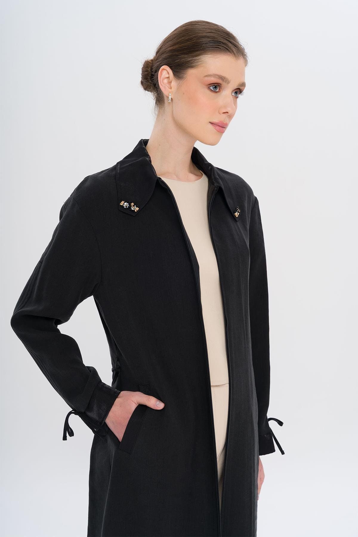 Olcay-Unlined Modal Cap with Beaded Collar and Drawstring Detail Black 6751 5