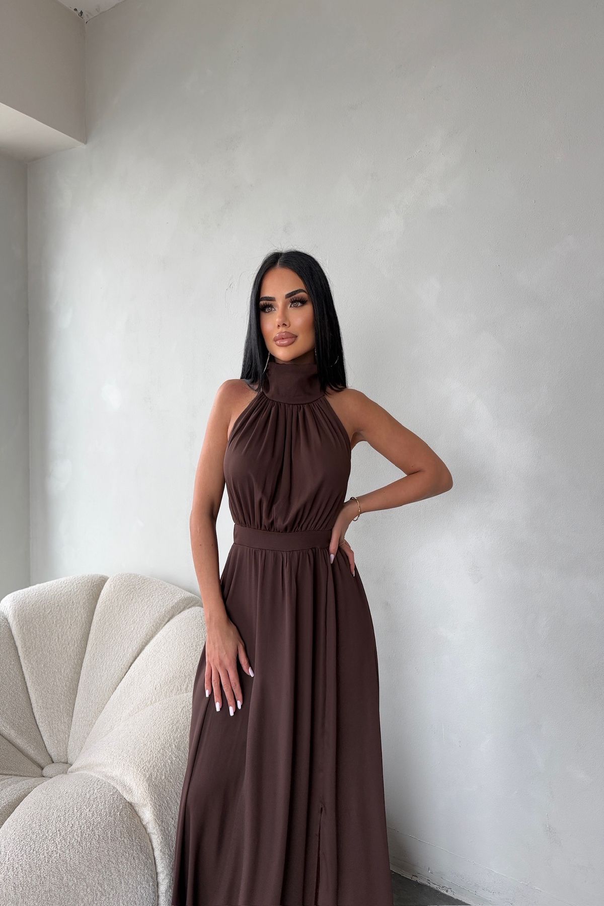 kamacibutik Halter Yaka Sıfır Kol Şifon Elbise