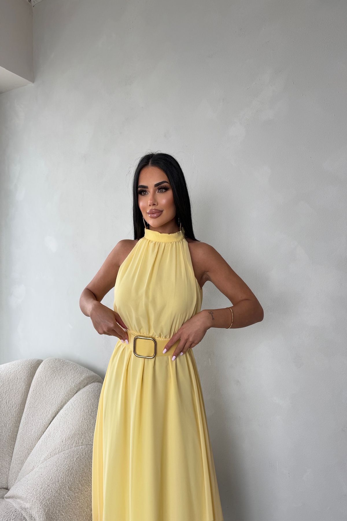 kamacibutik Yaka Sıfır Kol Kemerli Şifon Elbise