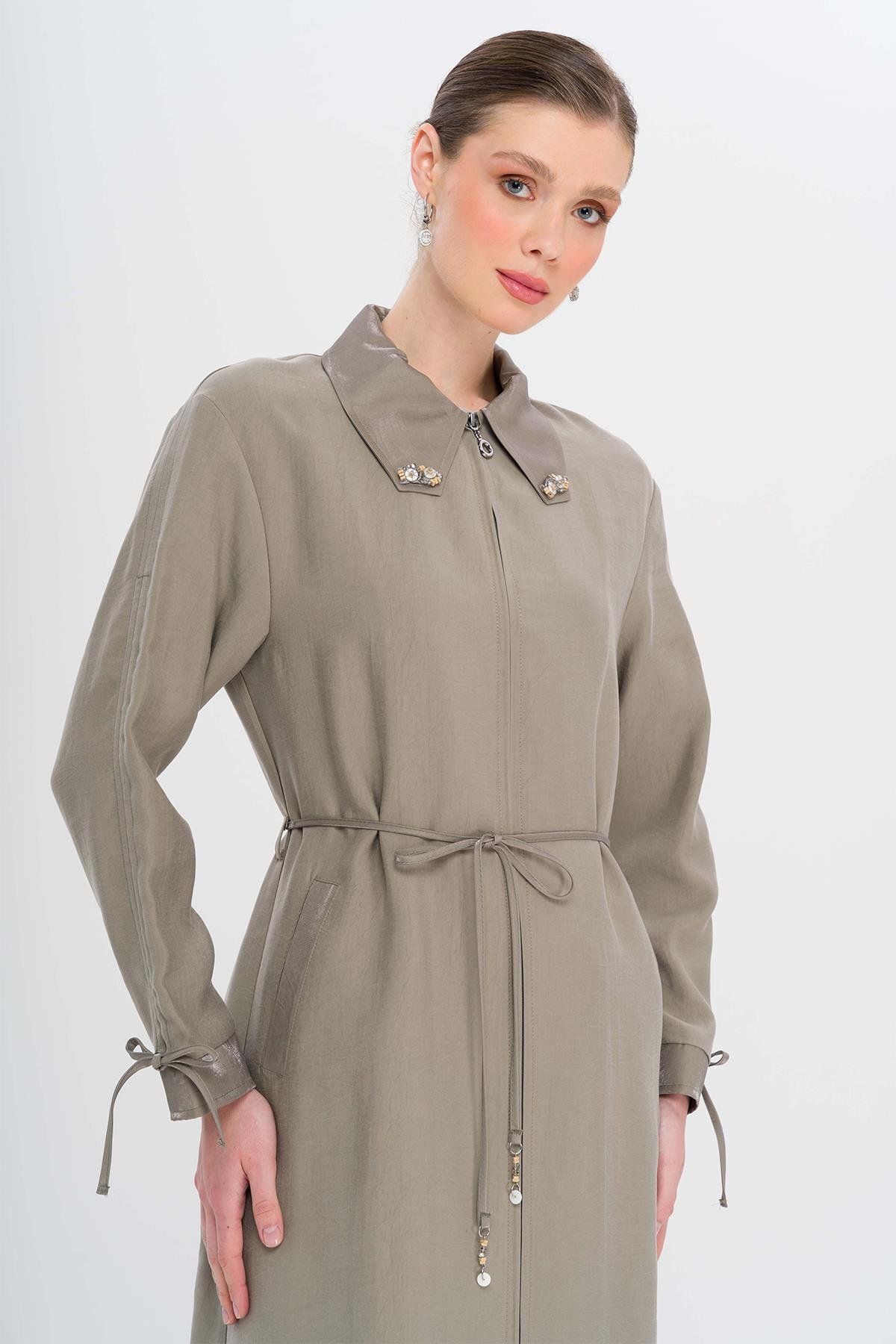 Olcay-Unlined Modal Cap with Beaded Collar and Drawstring Detail Gray 6751 6