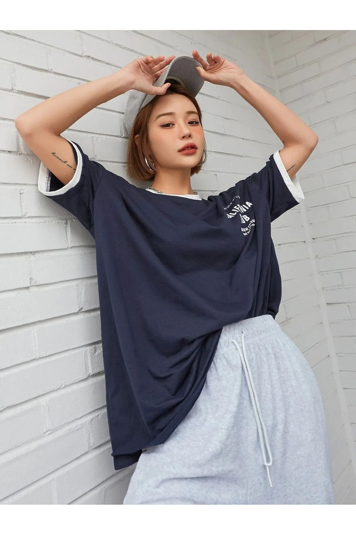 Daxia California Club Parçalı T-Shirt - Lacivert Beyaz Oversize Bisiklet Yaka Kısa Kol Tişört (YENİ SEZON)