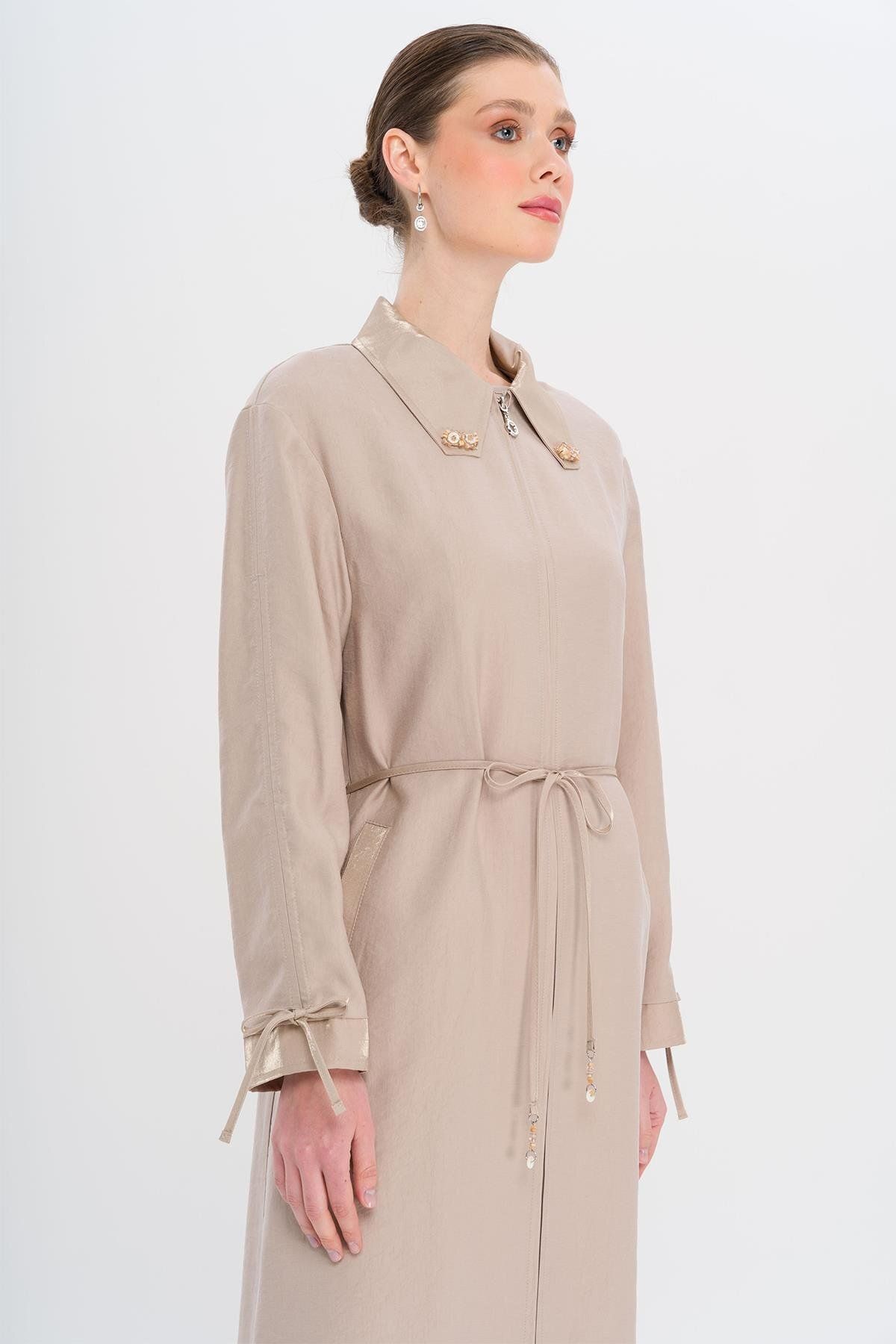 Olcay-Unlined Modal Cap with Beaded Collar and Drawstring Detail Stone 6751 6