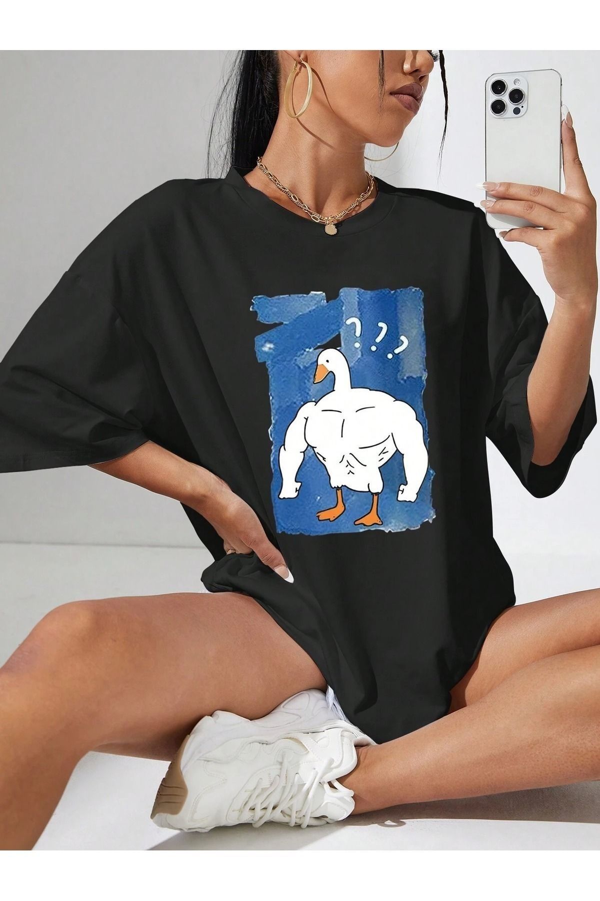 PALPİTO Kadın Siyah Kaslı ÖrdeK Baskılı Oversize T-Shirt