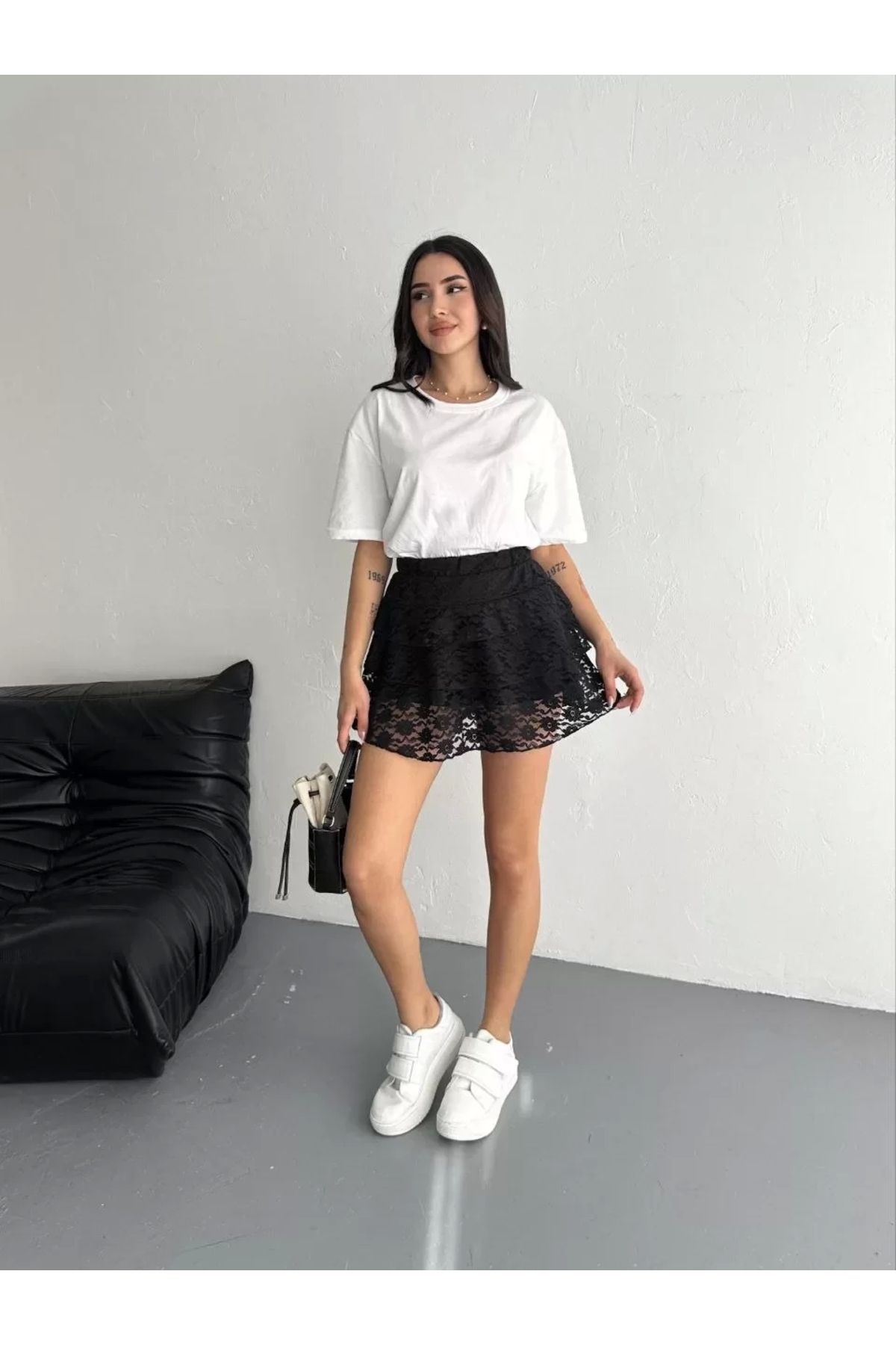 AE Stil Dantel Beli Lastikli Şortlu Mini Etek - Siyah