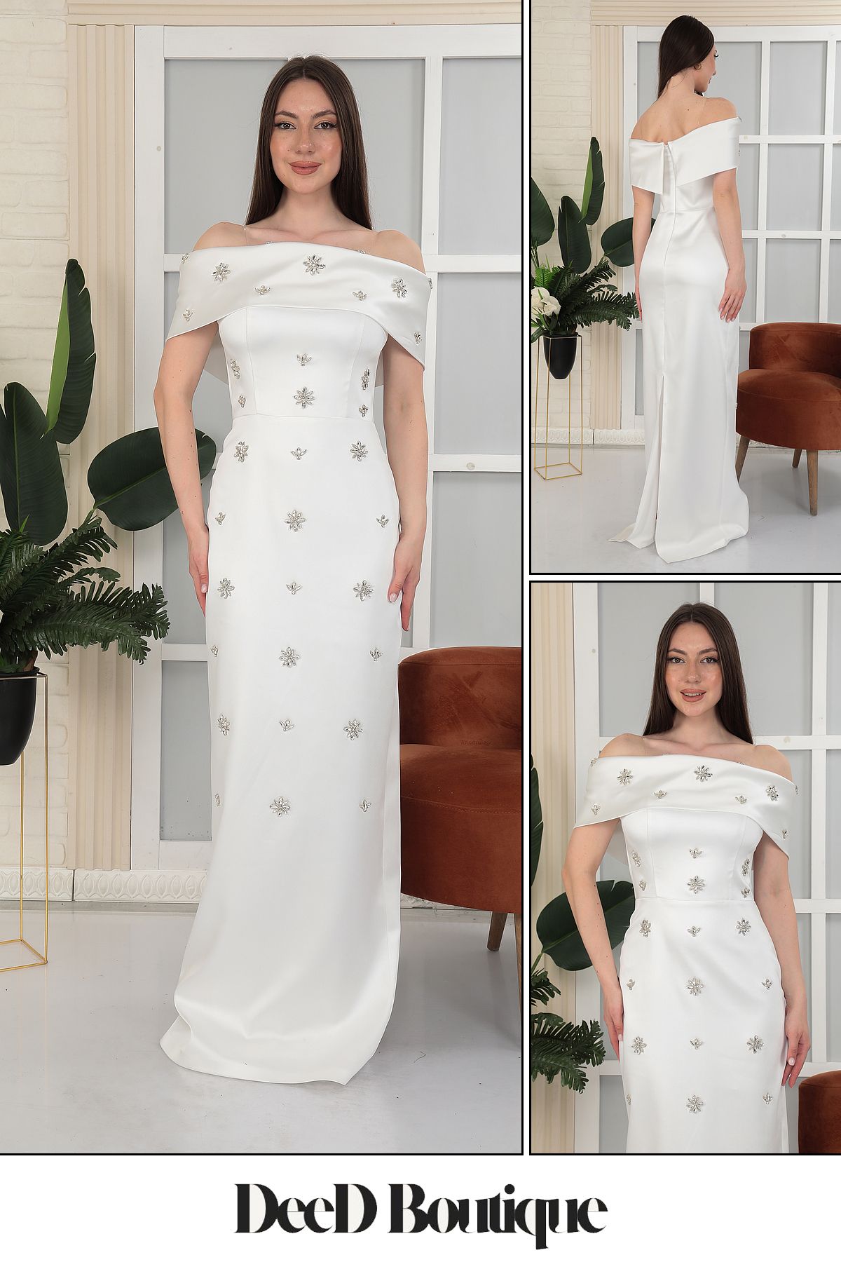 DeeD Boutique Beyaz Taş İşlemeli Uzun Abiye Elbise
