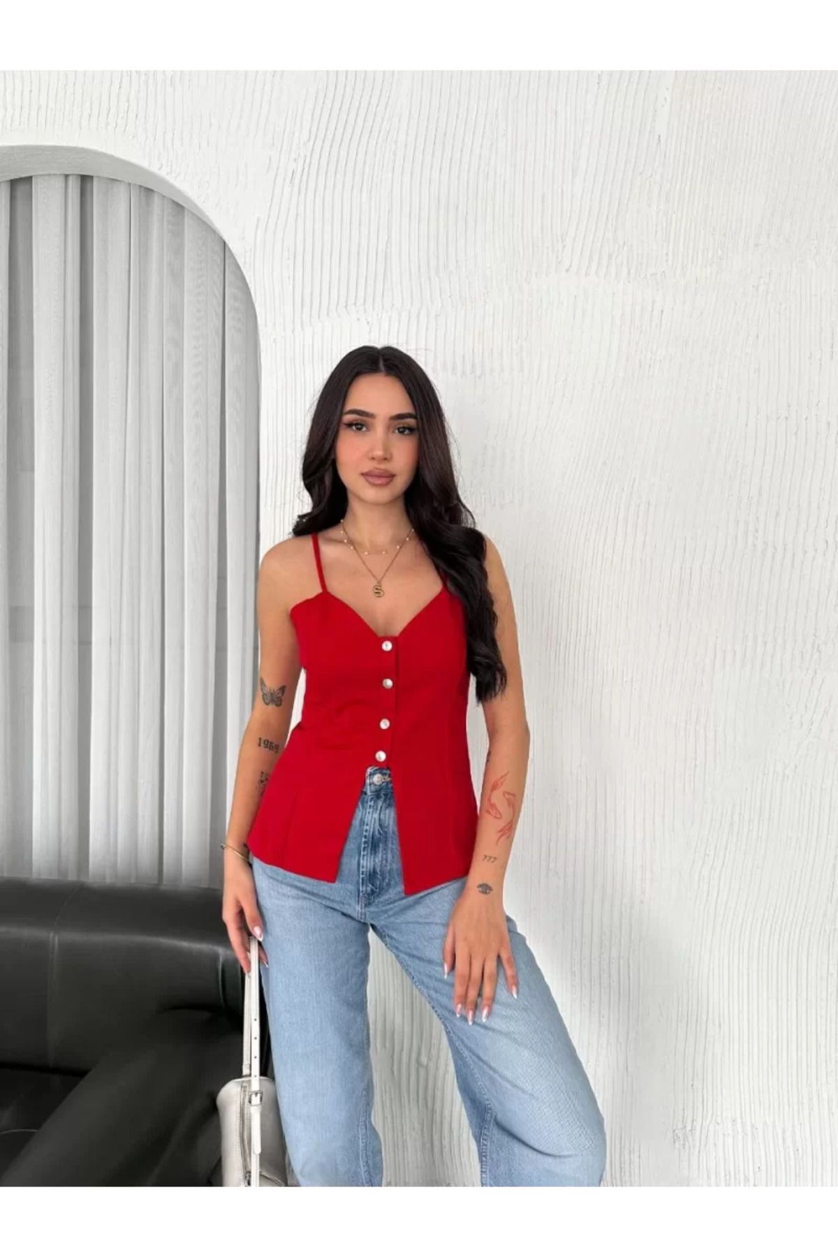 Flaubert /Kadın Askılı Dekolte deraylı bluz crop-Kumaş crep