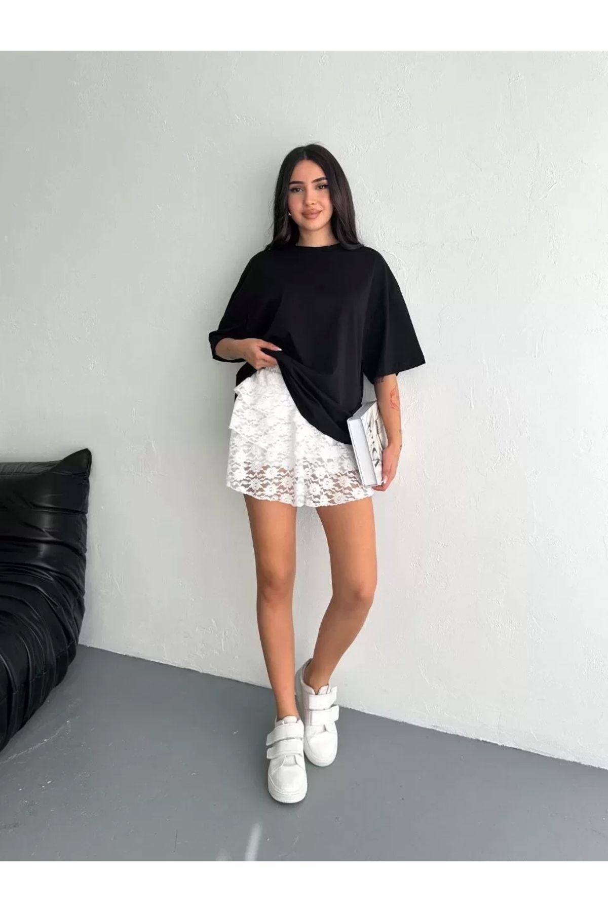 AE Stil Dantel Beli Lastikli Şortlu Mini Etek - Beyaz
