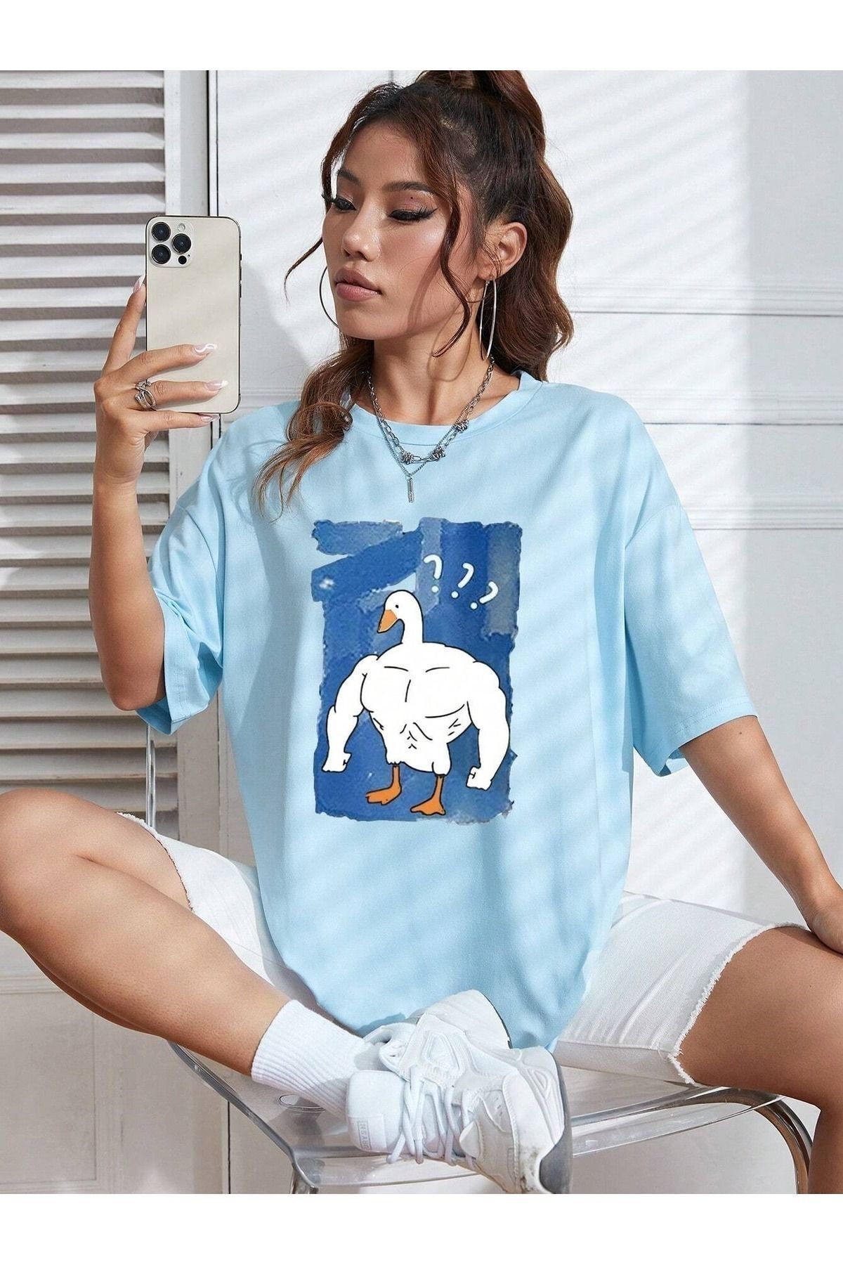 PALPİTO Kadın Bebe Mavi Kaslı ÖrdeK Baskılı Oversize T-Shirt