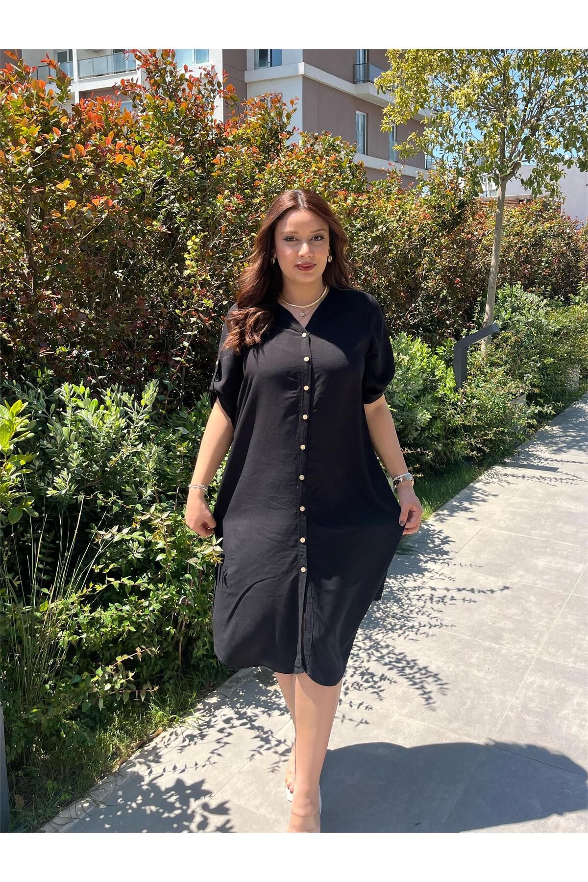 ELSEBUTİKTR Kolu Apoletli Dokuma Viskon Elbise