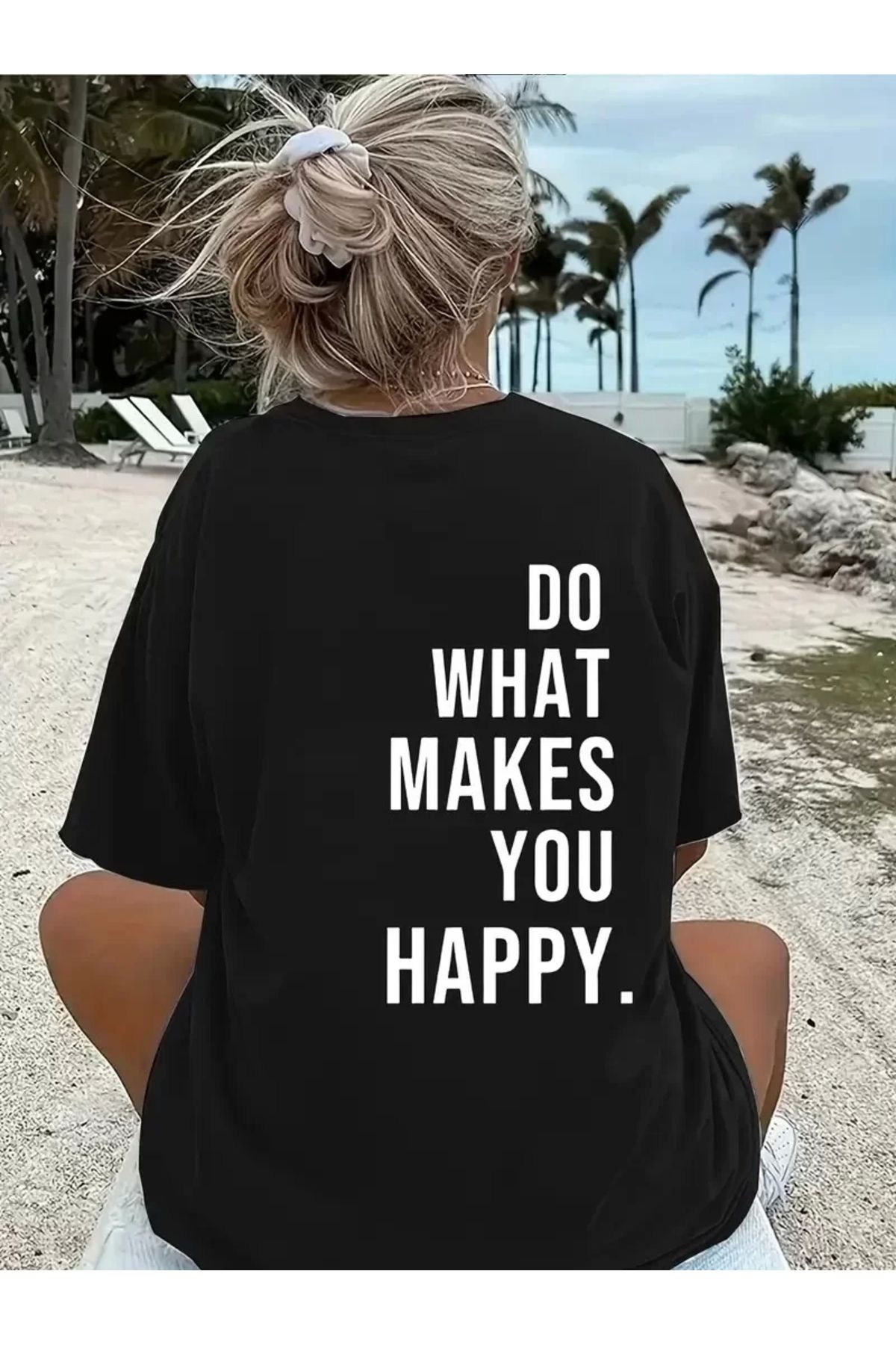 AE Stil Do What Makes You Happy Unisex Linemen Oversize Baskılı T-shirt - Siyah