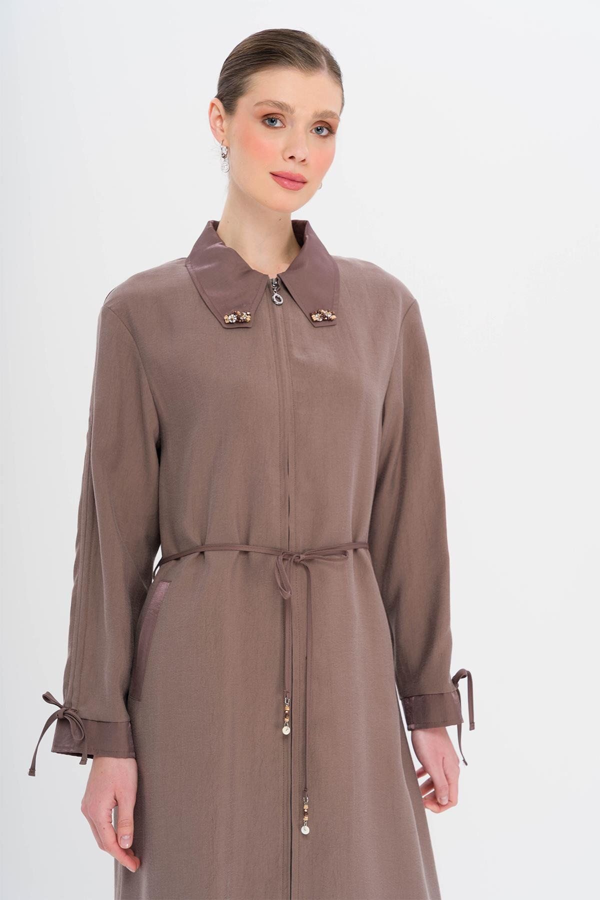 Olcay-Unlined Modal Cap with Beaded Collar and Drawstring Detail Brown 6751 6