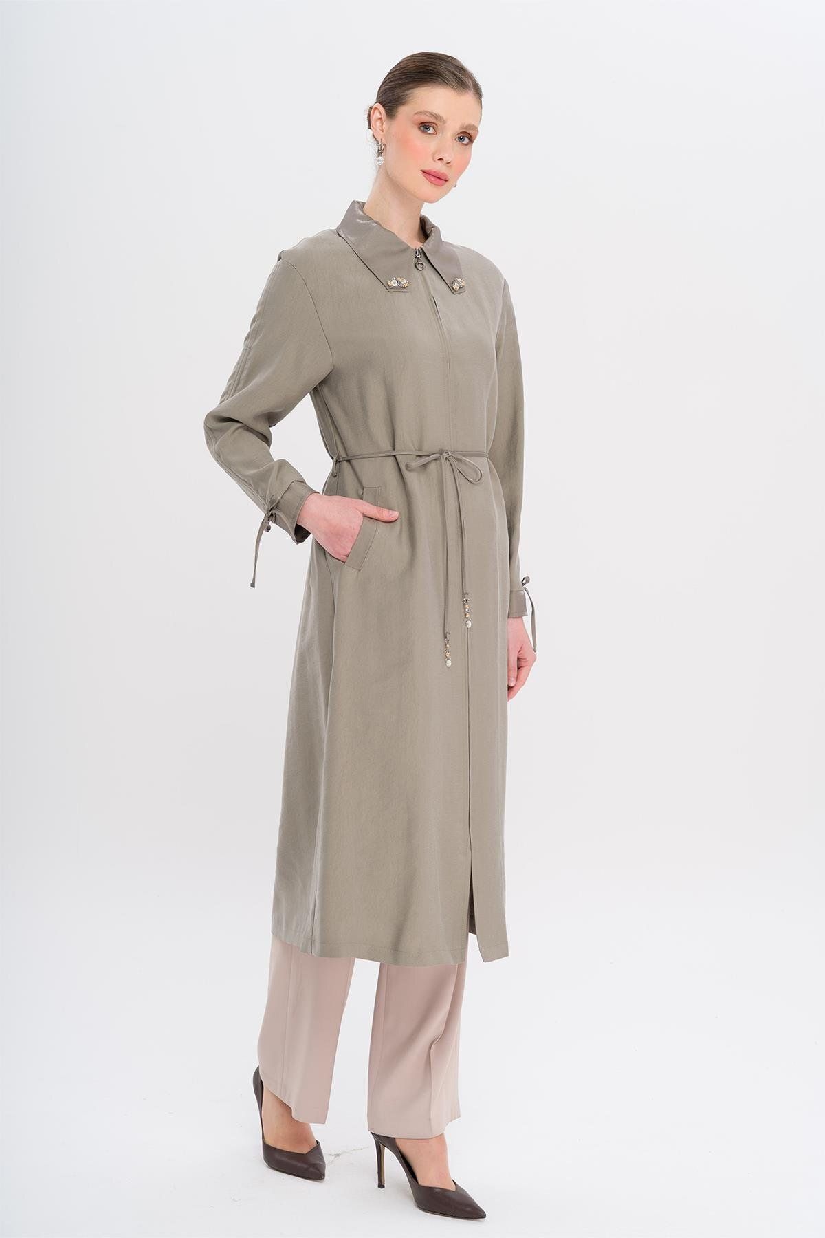 Olcay-Unlined Modal Cap with Beaded Collar and Drawstring Detail Gray 6751 2