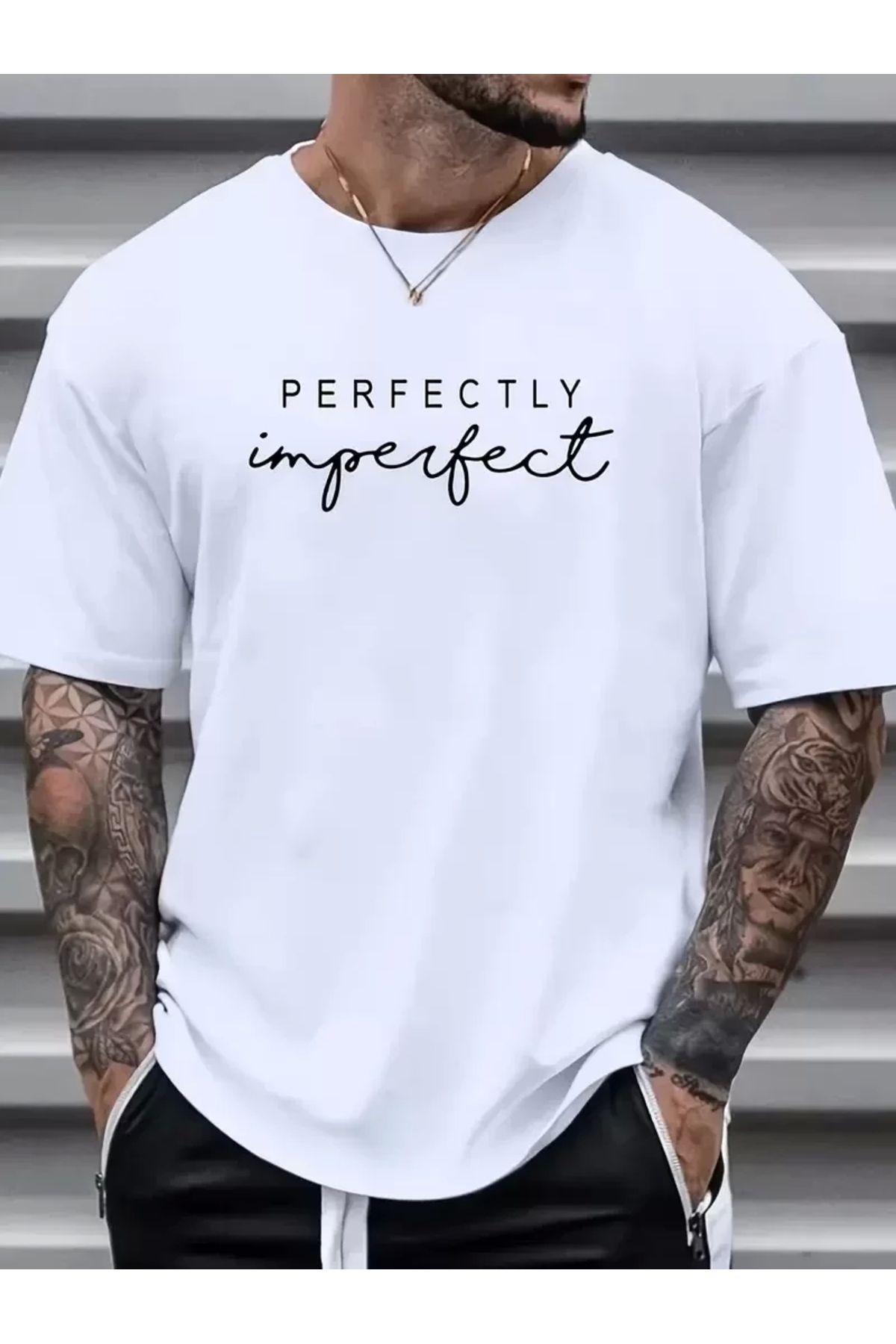 AE Stil erkekler için Ön Arka Baskılı PERFECTLY günlük Kısa Kol tişört - Beyaz