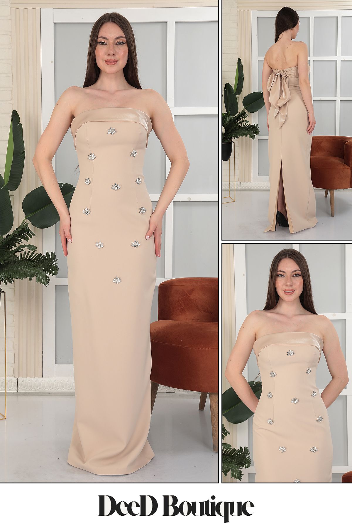 DeeD Boutique Gold Straplez Taş Detaylı Uzun Abiye Elbise