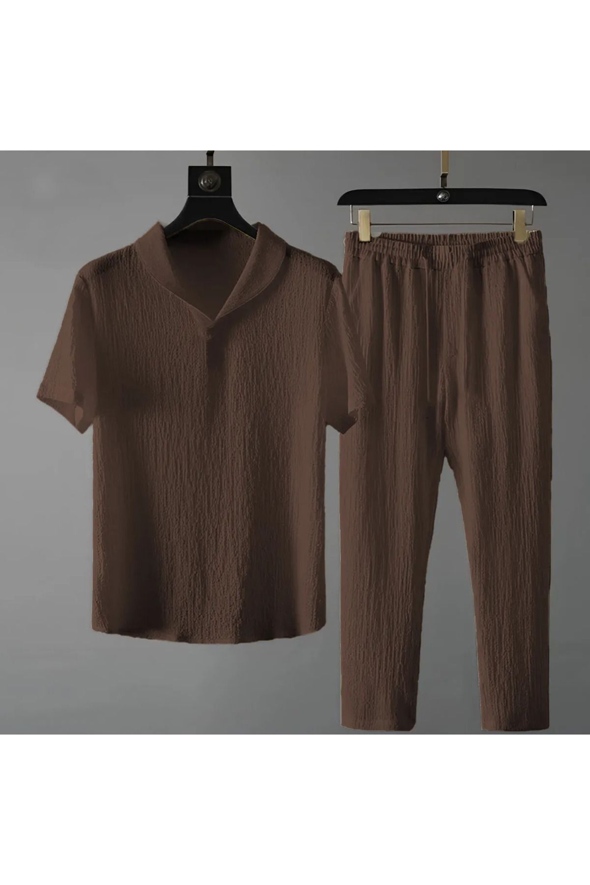 Daxia Bürümcük Krinkıl T-shirt Pantolon Takım - SİYAH LACİVERT KAHVERENGİ Regular Bebe Yaka