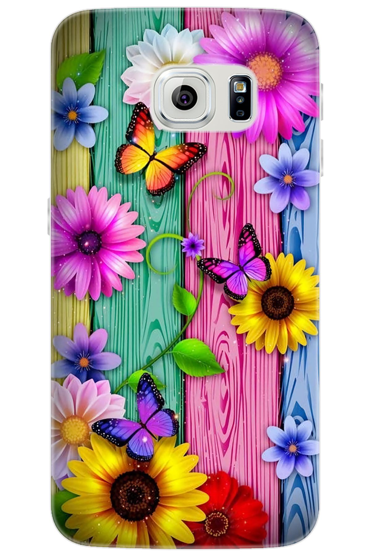 Ceppare Samsung Galaxy S6 EDGE (SM-G925F) Uyumlu Kılıf Silikon Renkli Papatya Kelebek STK:719 CP-7Lztdie